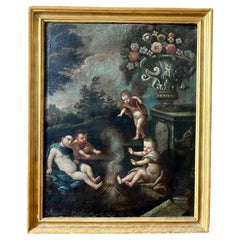 Italian Baroque Oil on Canvas Painting with Putti, Cherubs in Gold Leaf Frame