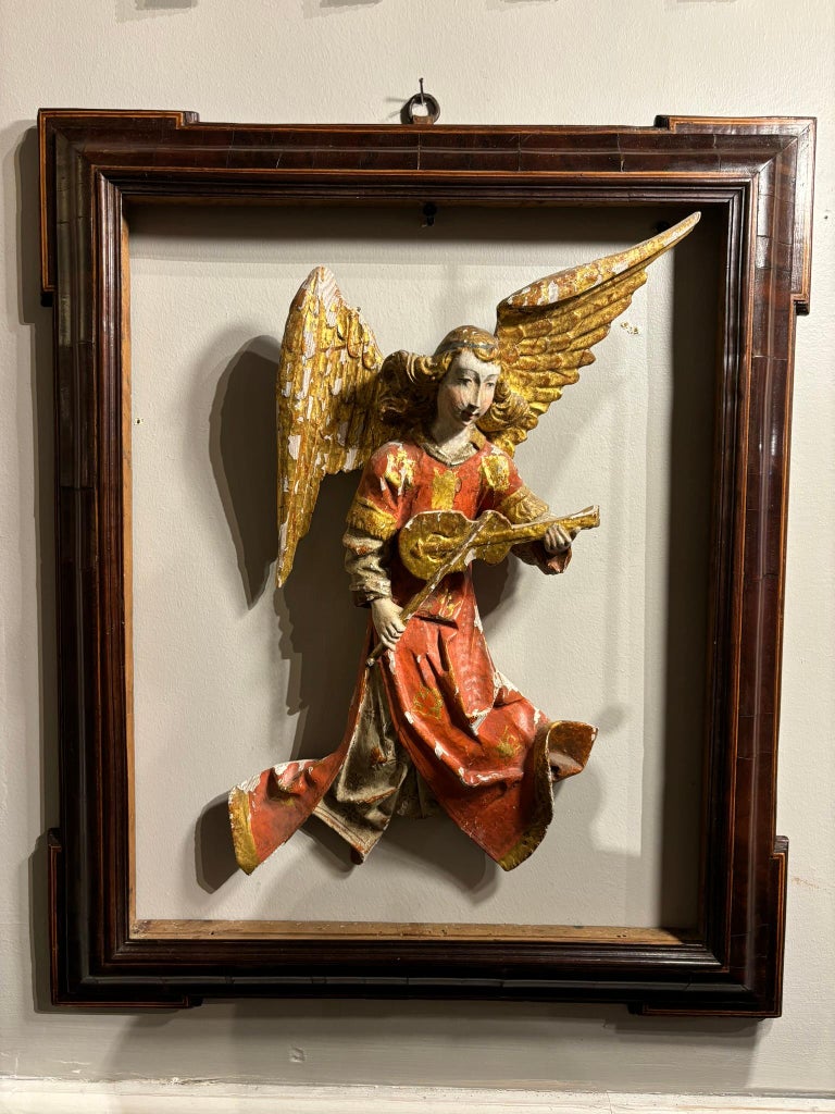 Italian Baroque Painted and Gilt Wood Winged Angel Playing a Violin Italian Baroque Painted and Gilt Wood Winged Angel Playing a Violin