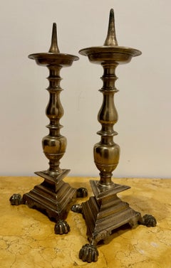 Italian Baroque, Pair of Bronze Pricked Candlesticks, 17th Century