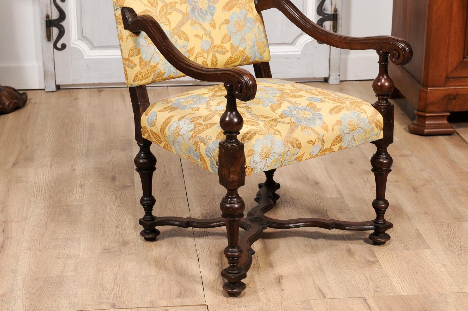 Upholstery Italian Baroque Period 17th Century Walnut Armchair with Carved X-Form Stretcher For Sale