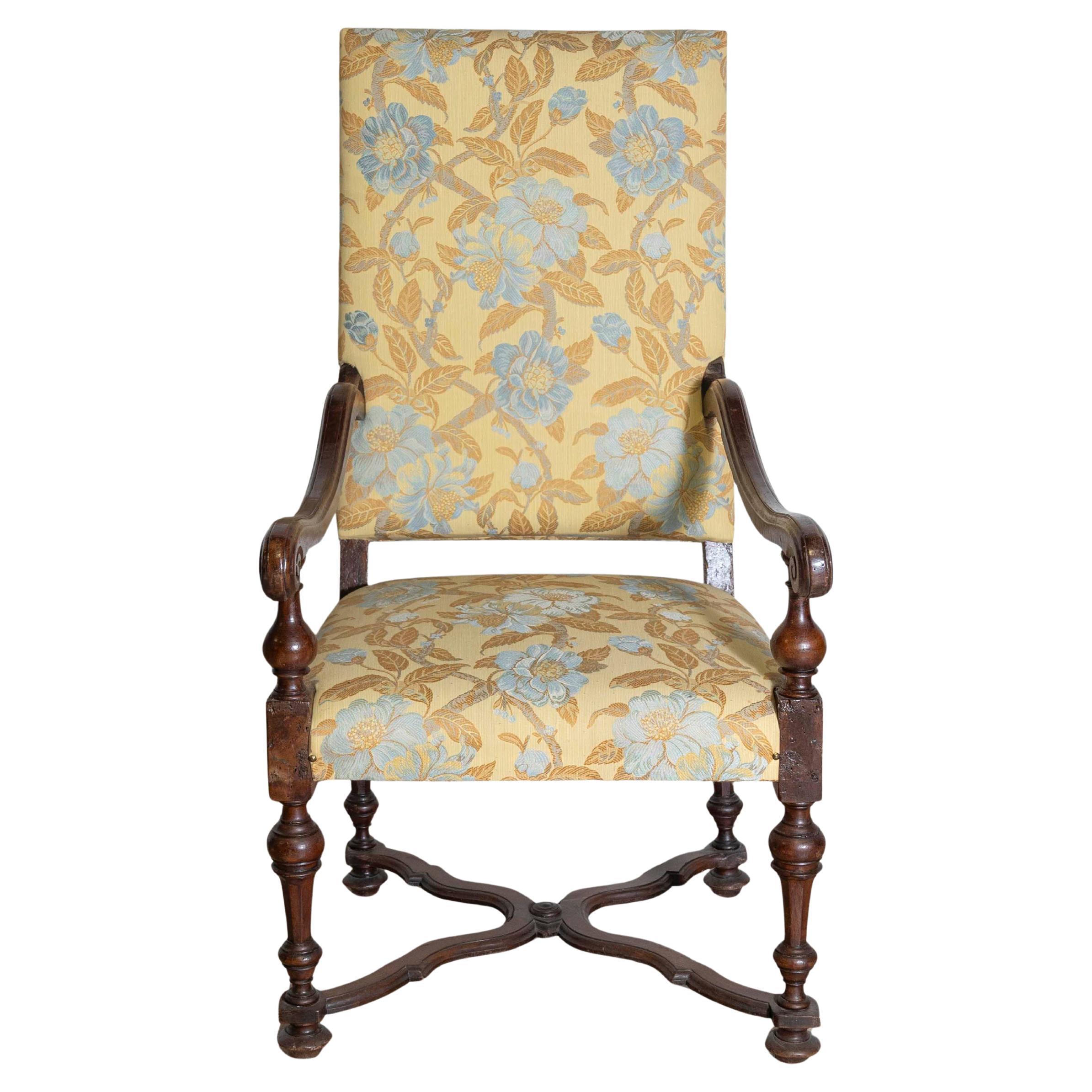 Italian Baroque Period 17th Century Walnut Armchair with Carved X-Form Stretcher