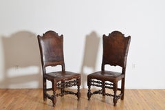 Italian Baroque Period Pair of Leather Upholstered Chairs, Early 18th Century