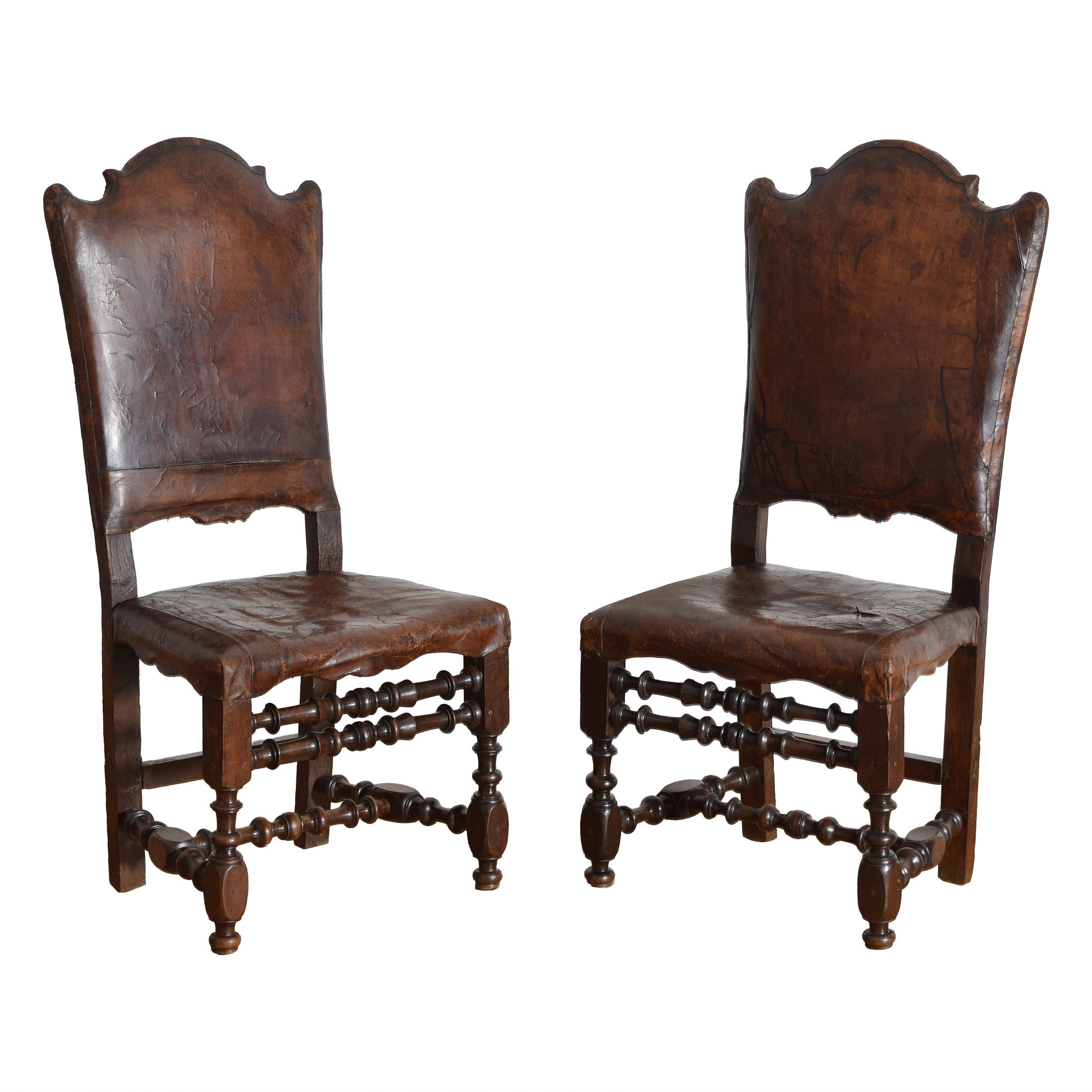 Italian Baroque Period Pair of Leather Upholstered Chairs, Early 18th Century