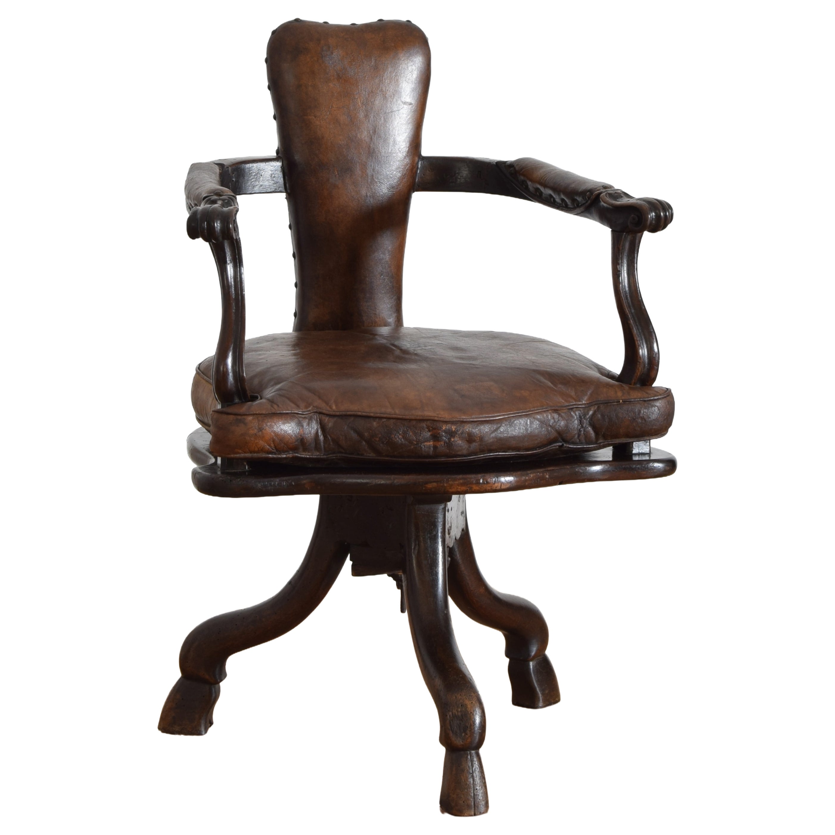 Italian Baroque Period Walnut & Leather Upholstered Rotating Barber’s Chair For Sale
