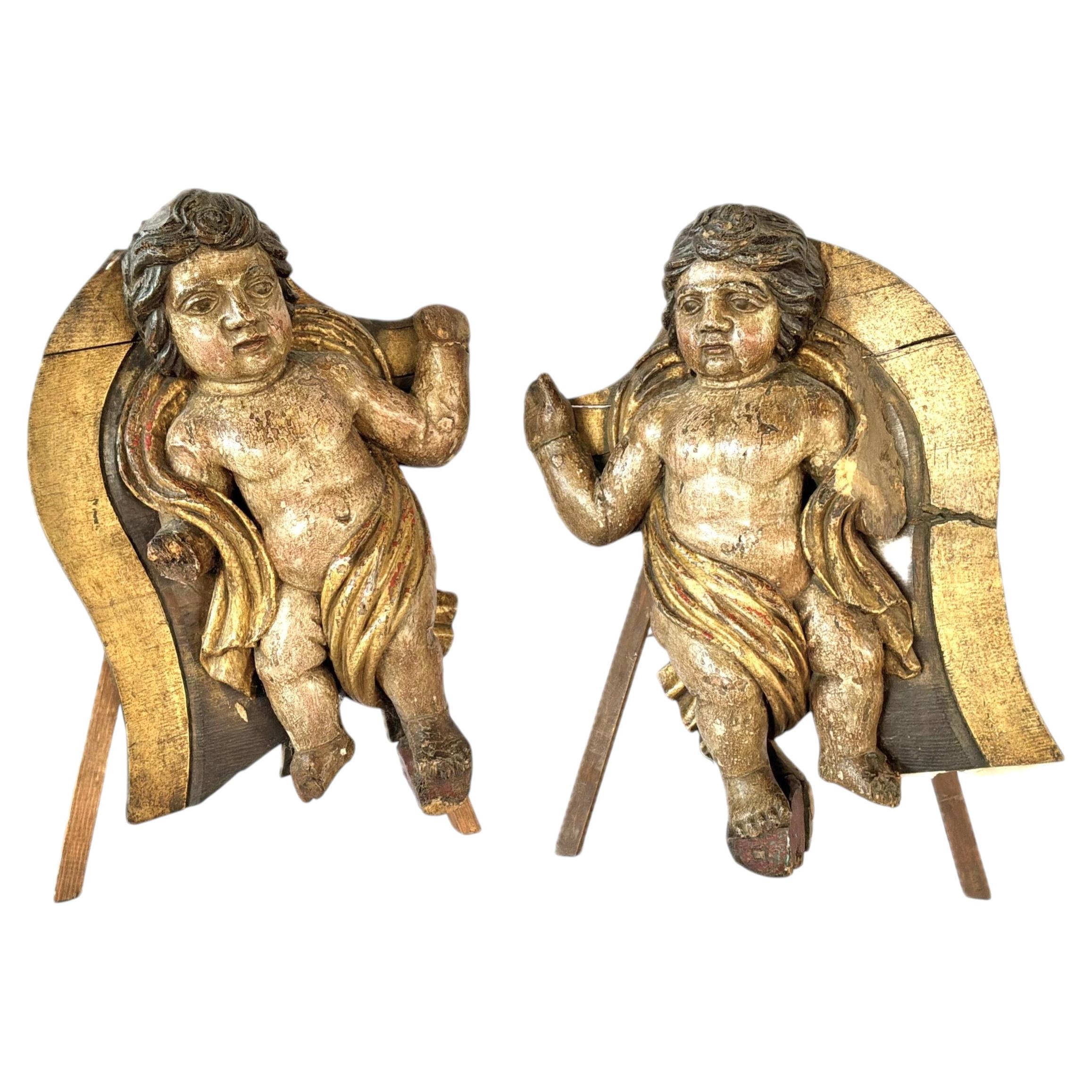 Sculture barocche italiane di putti, legno intagliato a mano, 18° secolo