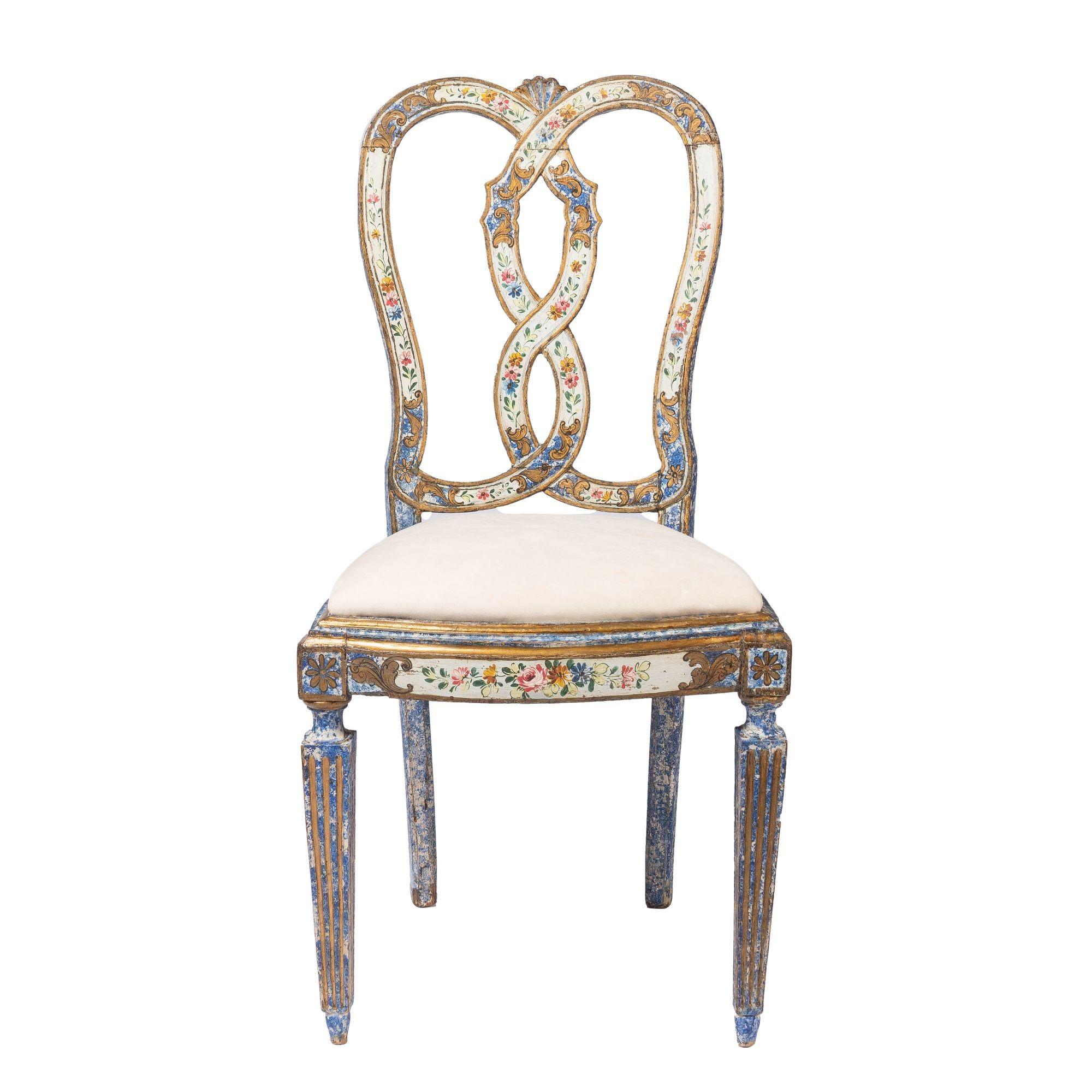 Italian Baroque “Queen Anne” side chair in original painted decoration with a bone colored ultrasuede upholstered slip seat. The painted surfaces have been cleaned and stabilized. Areas of later repair or in-painting have been removed, revealing its
