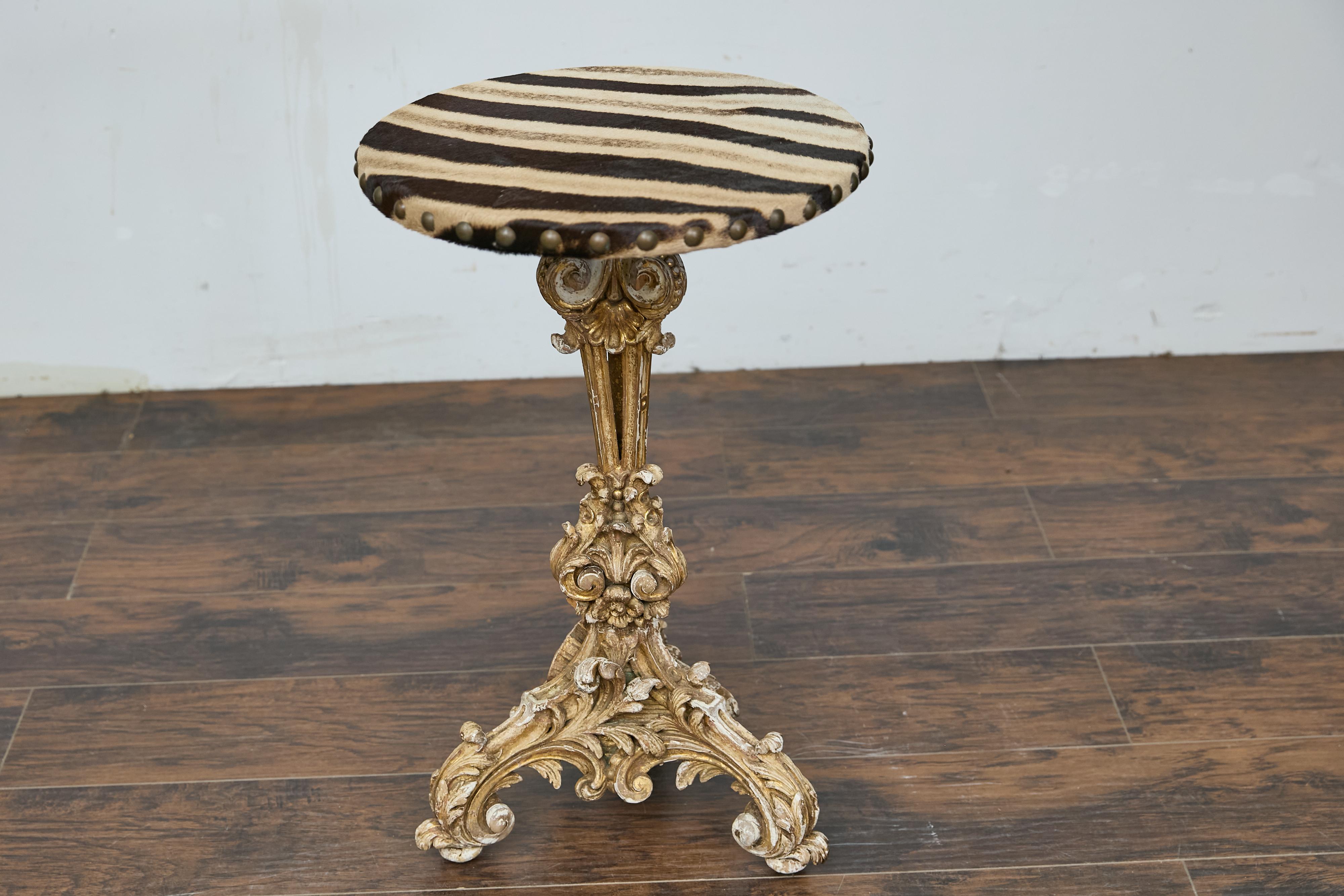 19th Century Italian Baroque Revival 19th-Century Carved Gilt Table with Zebra Hide Top For Sale