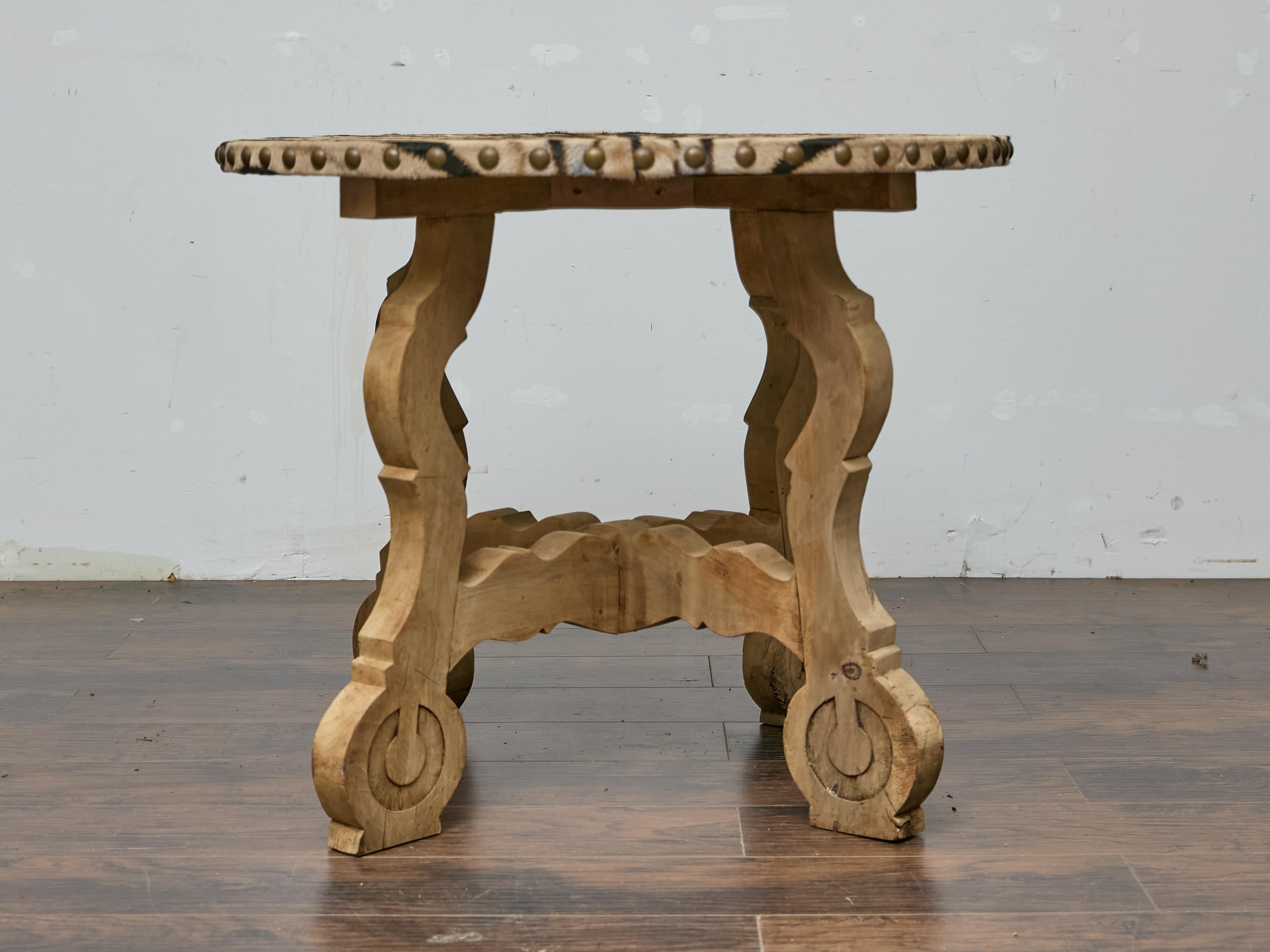 Italian Baroque Revival Bleached Walnut Table with Zebra Hide Top, 19th Century In Good Condition For Sale In Atlanta, GA