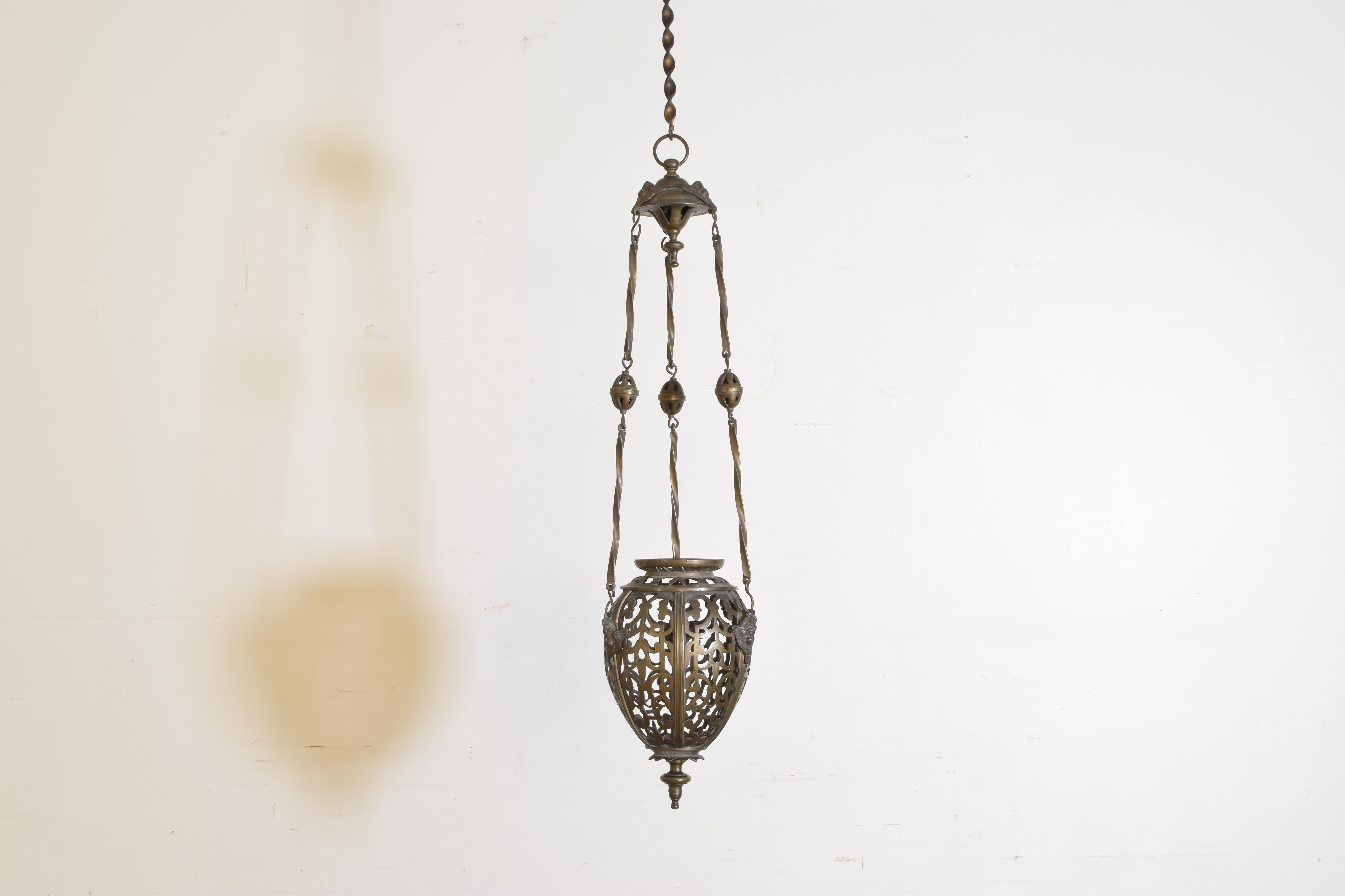 The oval shaped pierced bronze incense burner hanging from twisting rods and an original canopy, easily converted to a lantern.