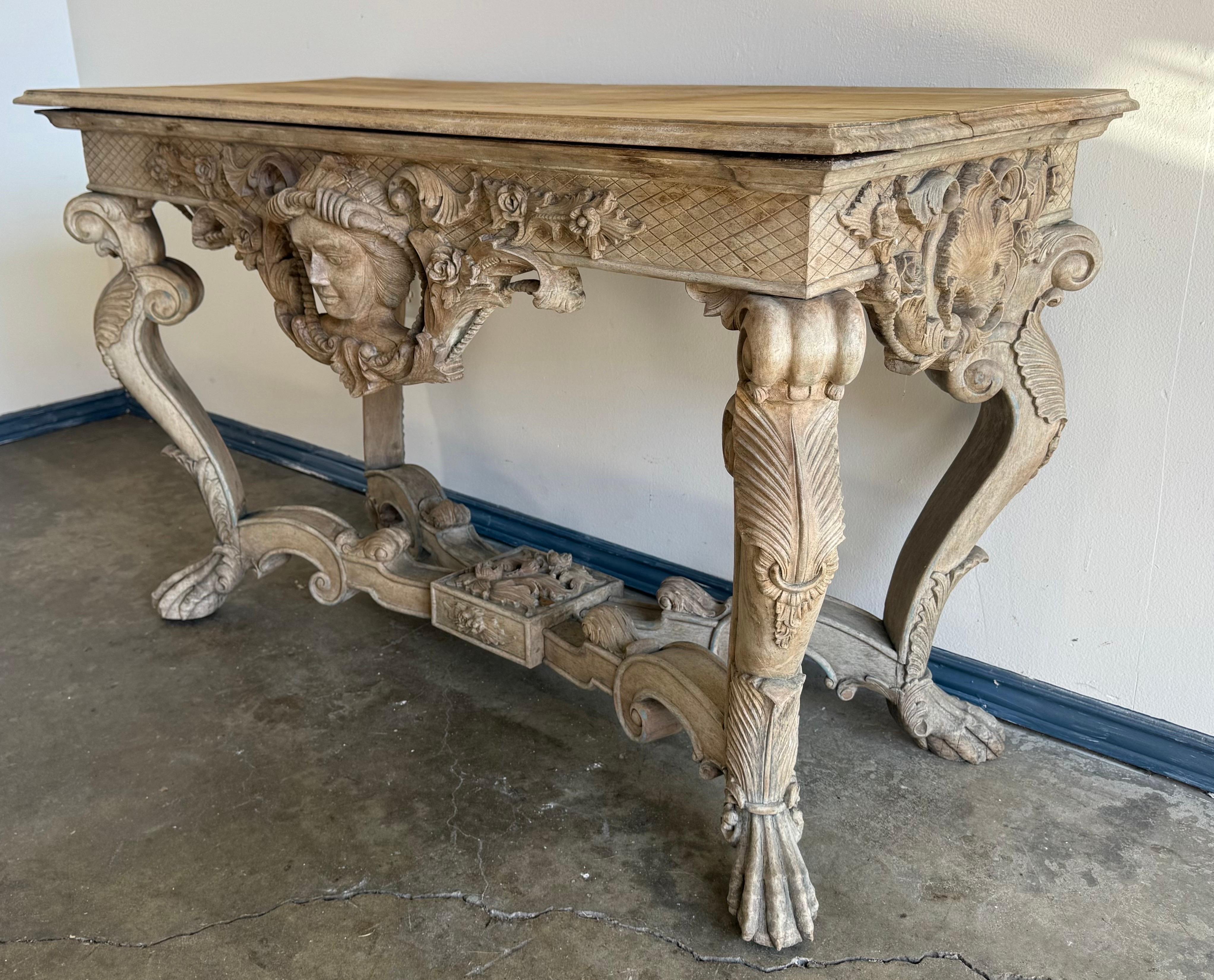 Italian Baroque Revival Carved Wood Console Table In Distressed Condition For Sale In Los Angeles, CA
