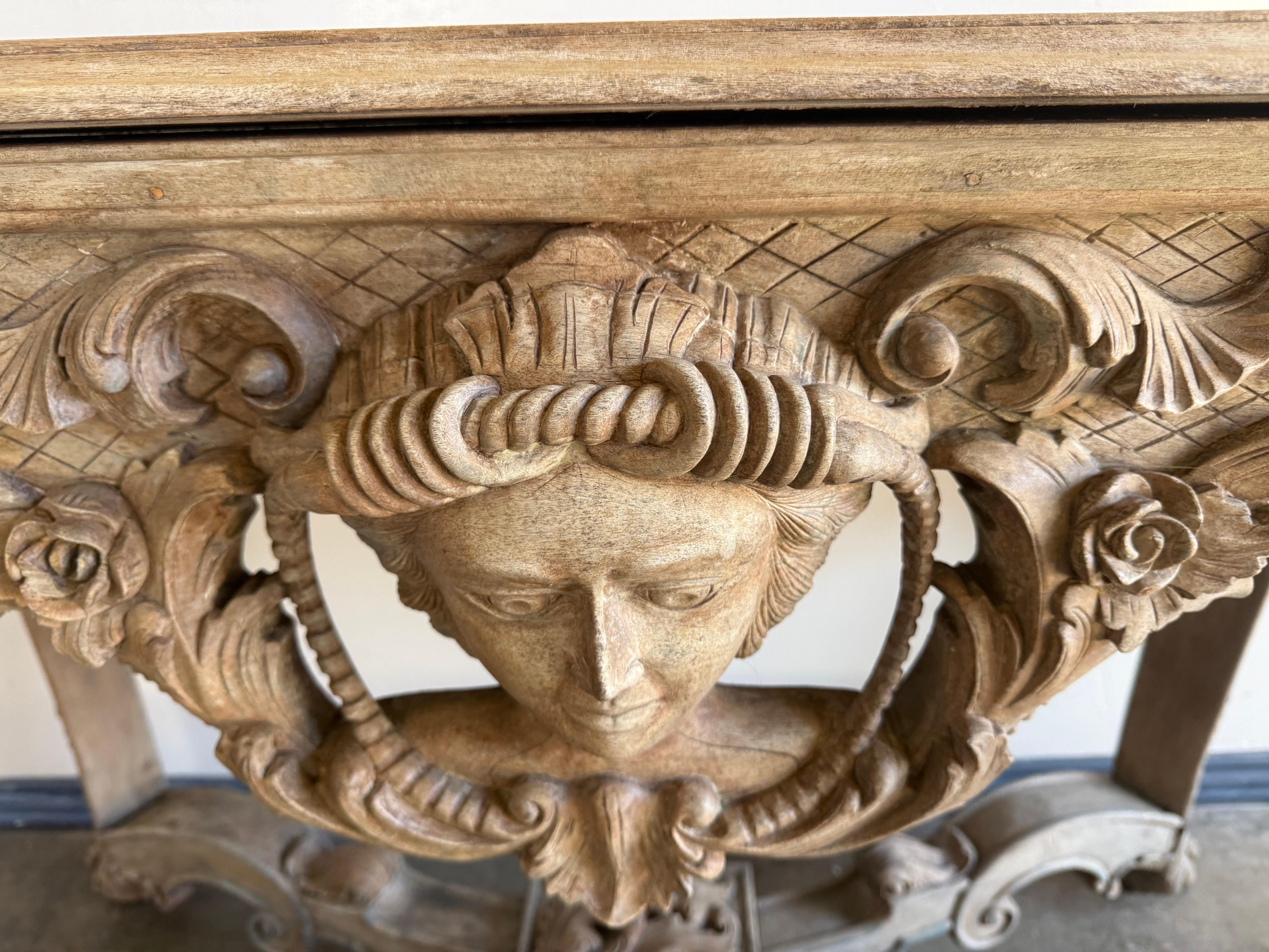 19th Century Italian Baroque Revival Carved Wood Console Table For Sale