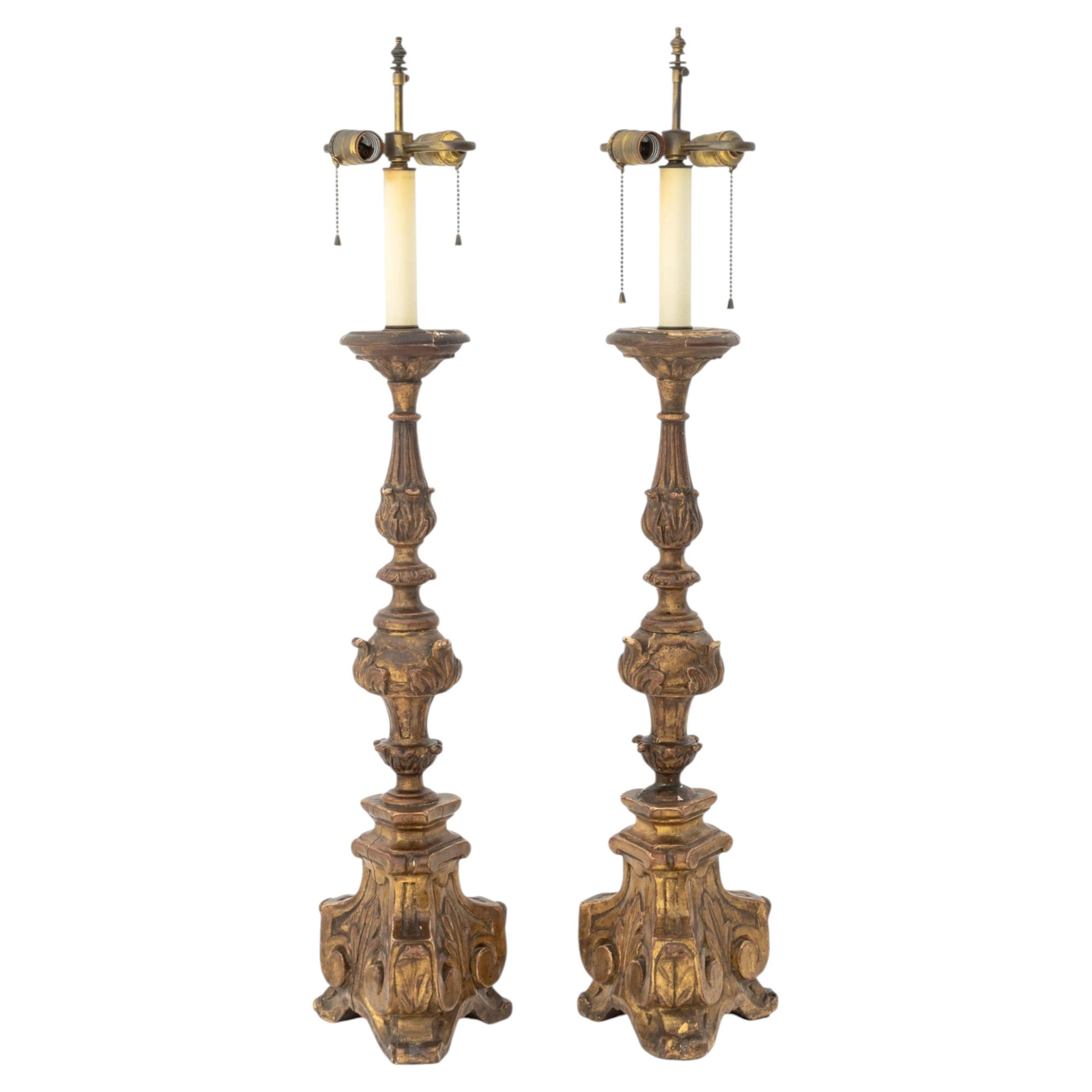 Italian Baroque Revival Giltwood Table Lamps, Pair