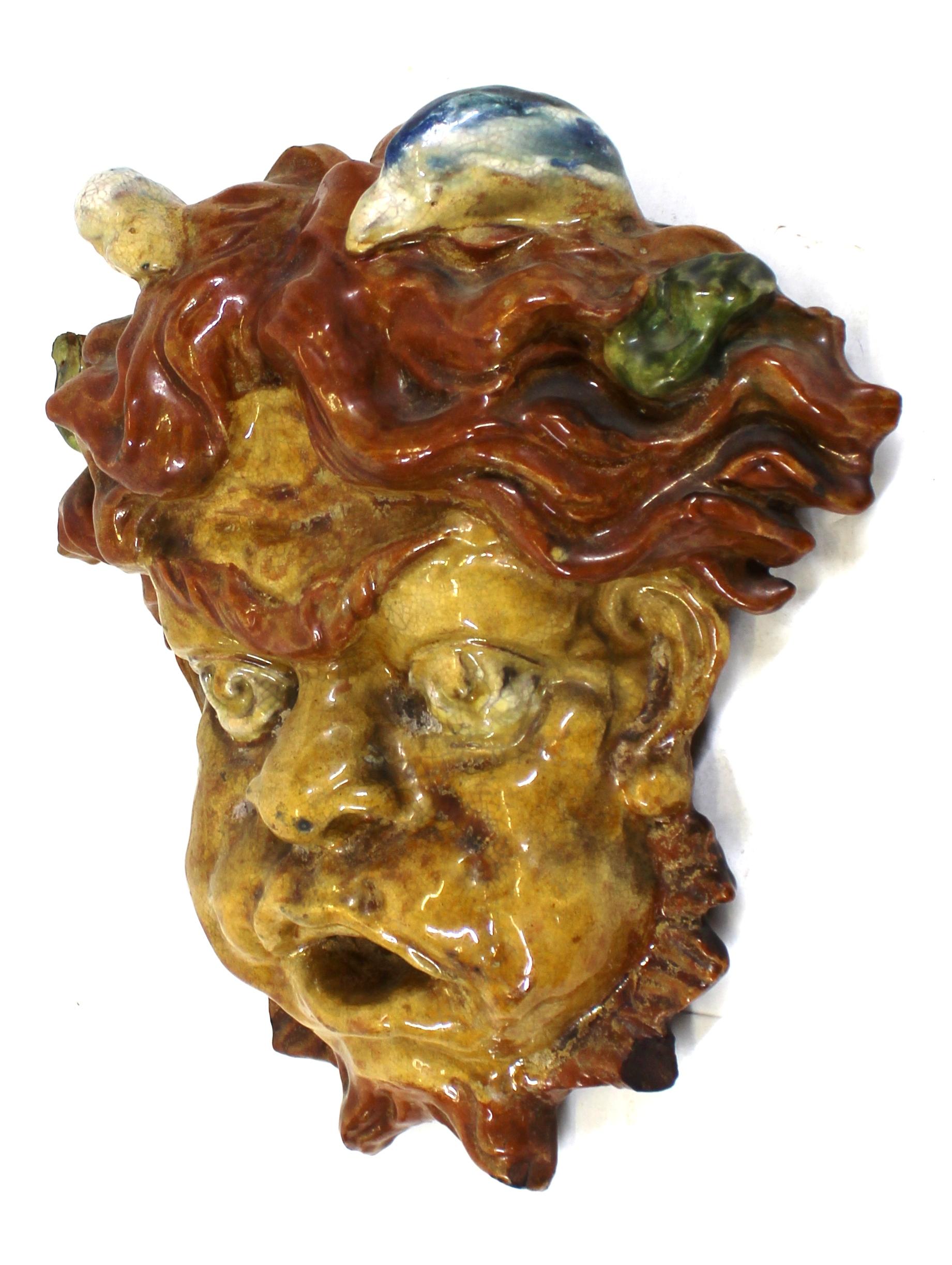 Italian Baroque Revival Glazed Terracotta Puck Mask In Good Condition For Sale In New York, NY