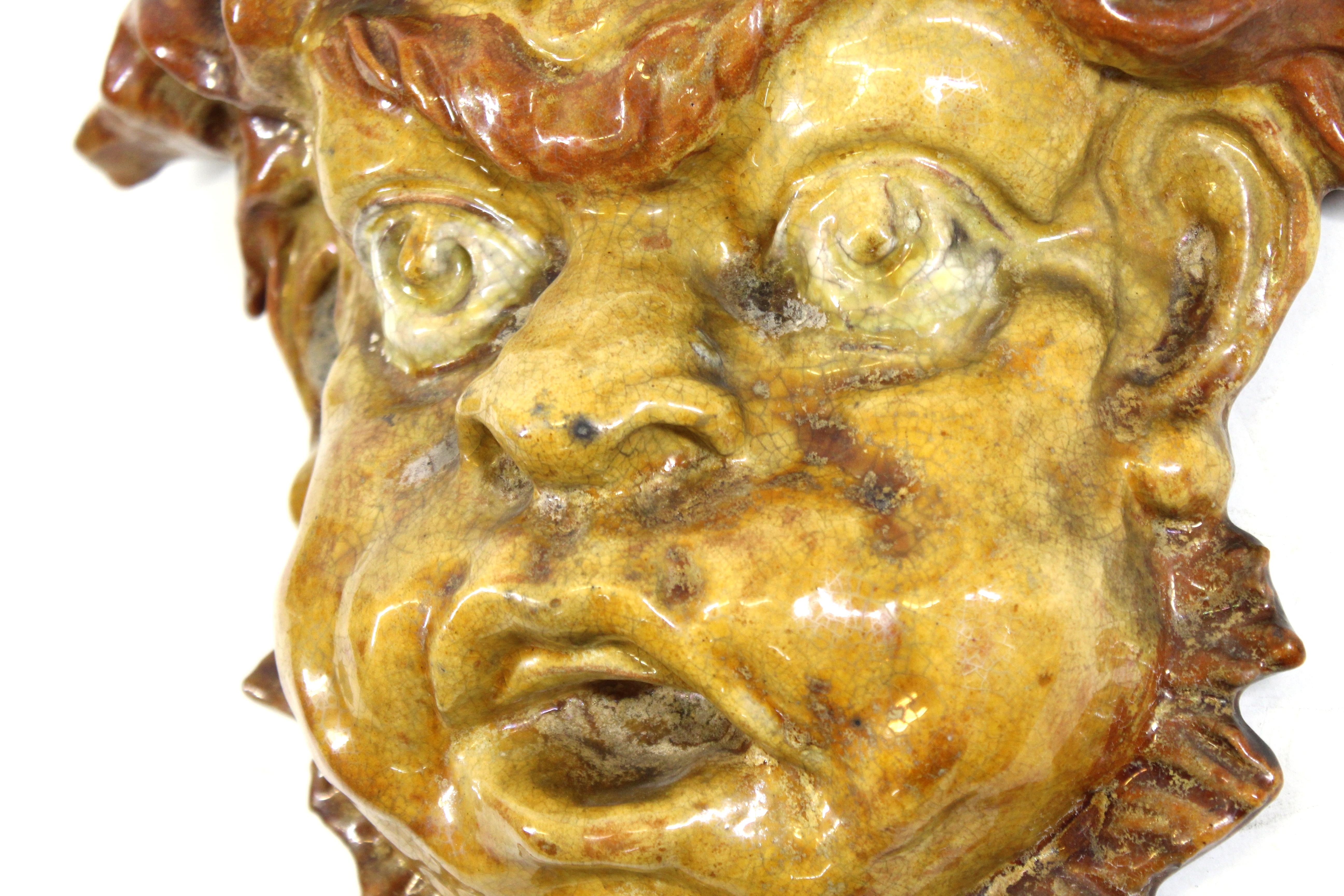 19th Century Italian Baroque Revival Glazed Terracotta Puck Mask For Sale