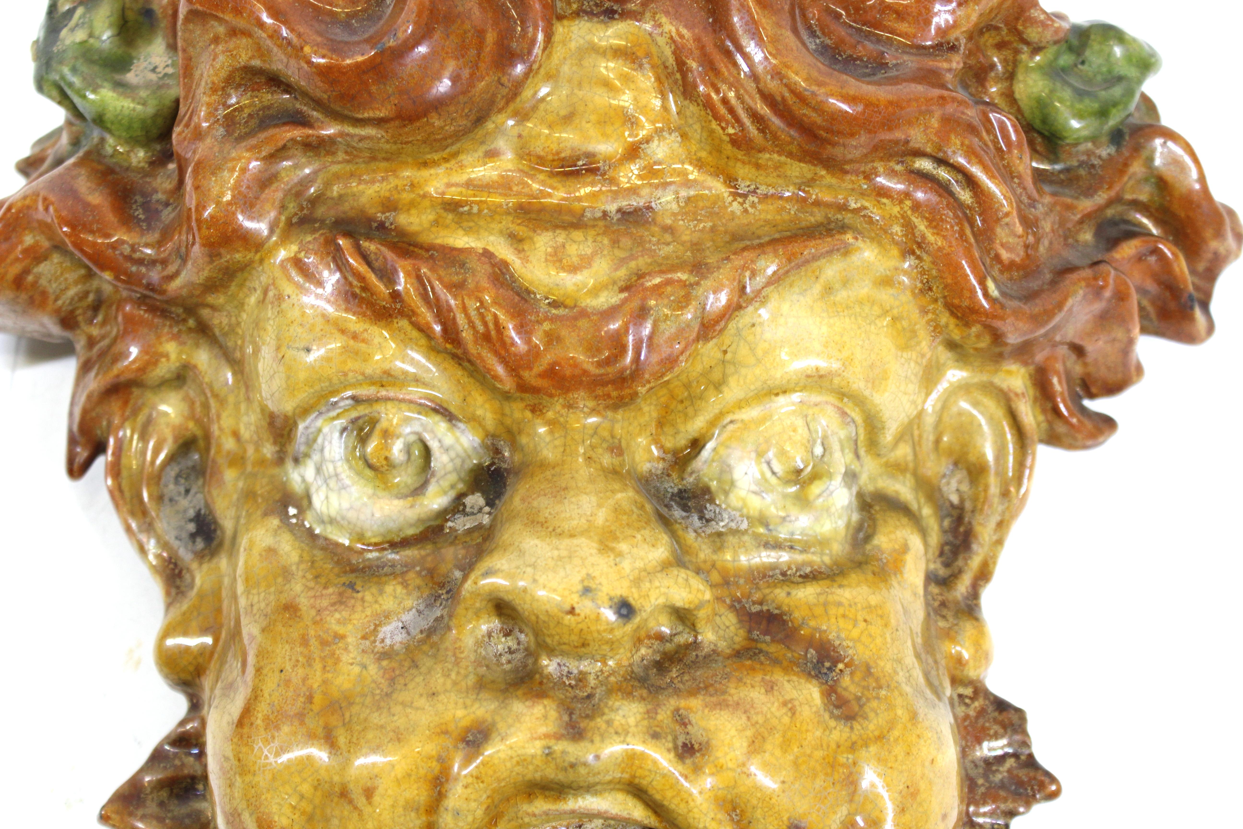 Italian Baroque Revival Glazed Terracotta Puck Mask For Sale 1