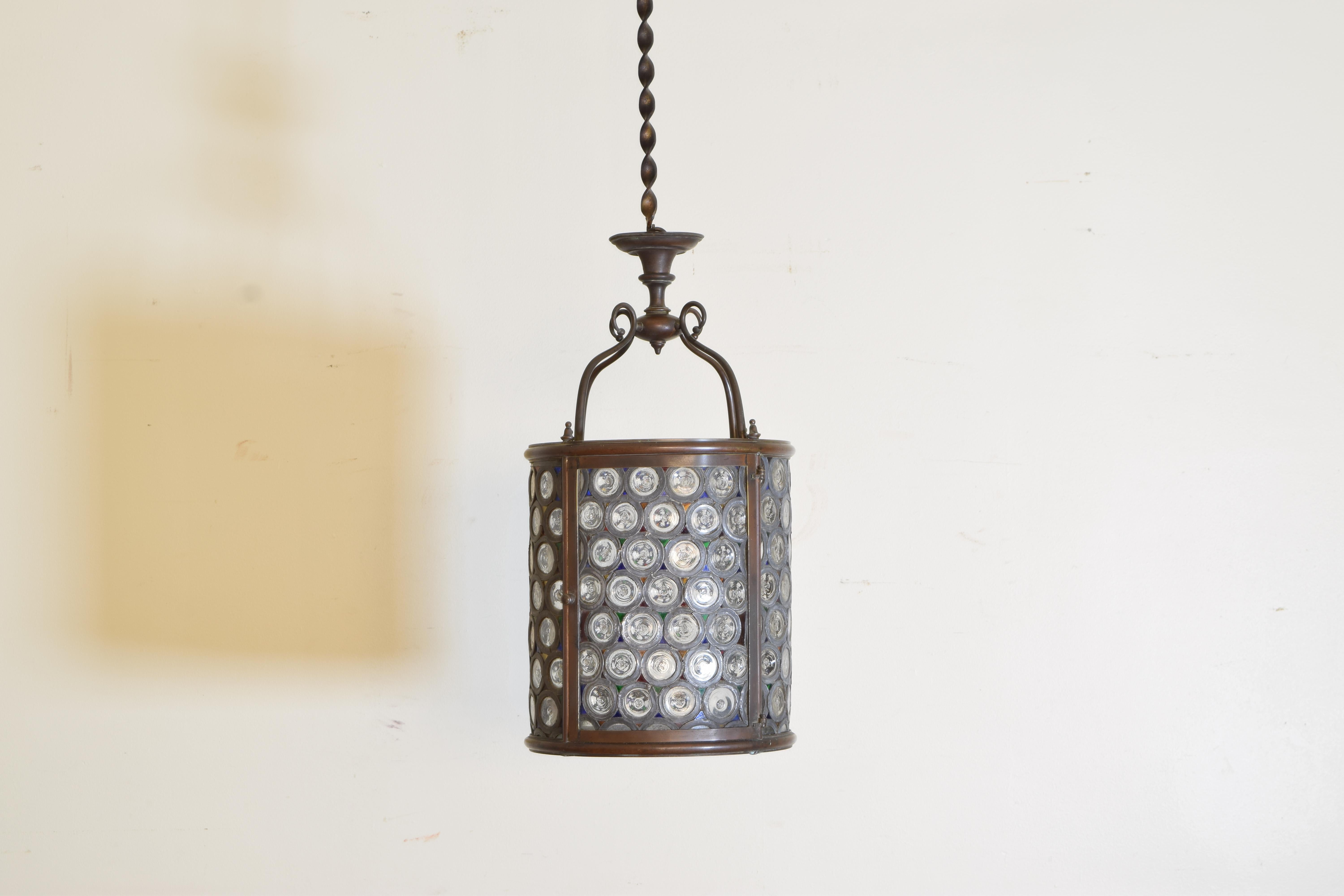 Italian Baroque Revival Period Patinated Brass & Colored & Leaded Glass Lantern In Good Condition In Atlanta, GA