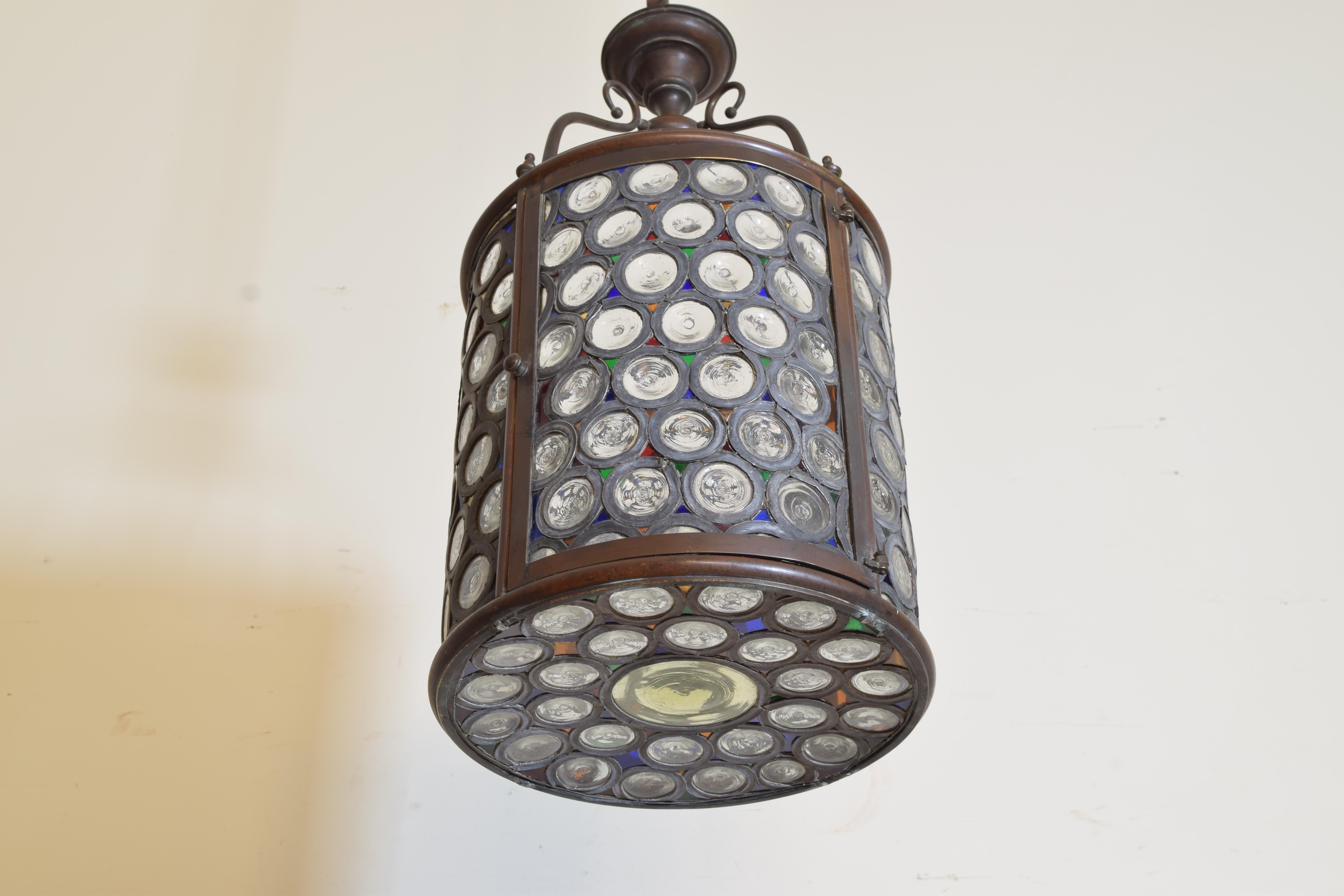 Late 19th Century Italian Baroque Revival Period Patinated Brass & Colored & Leaded Glass Lantern