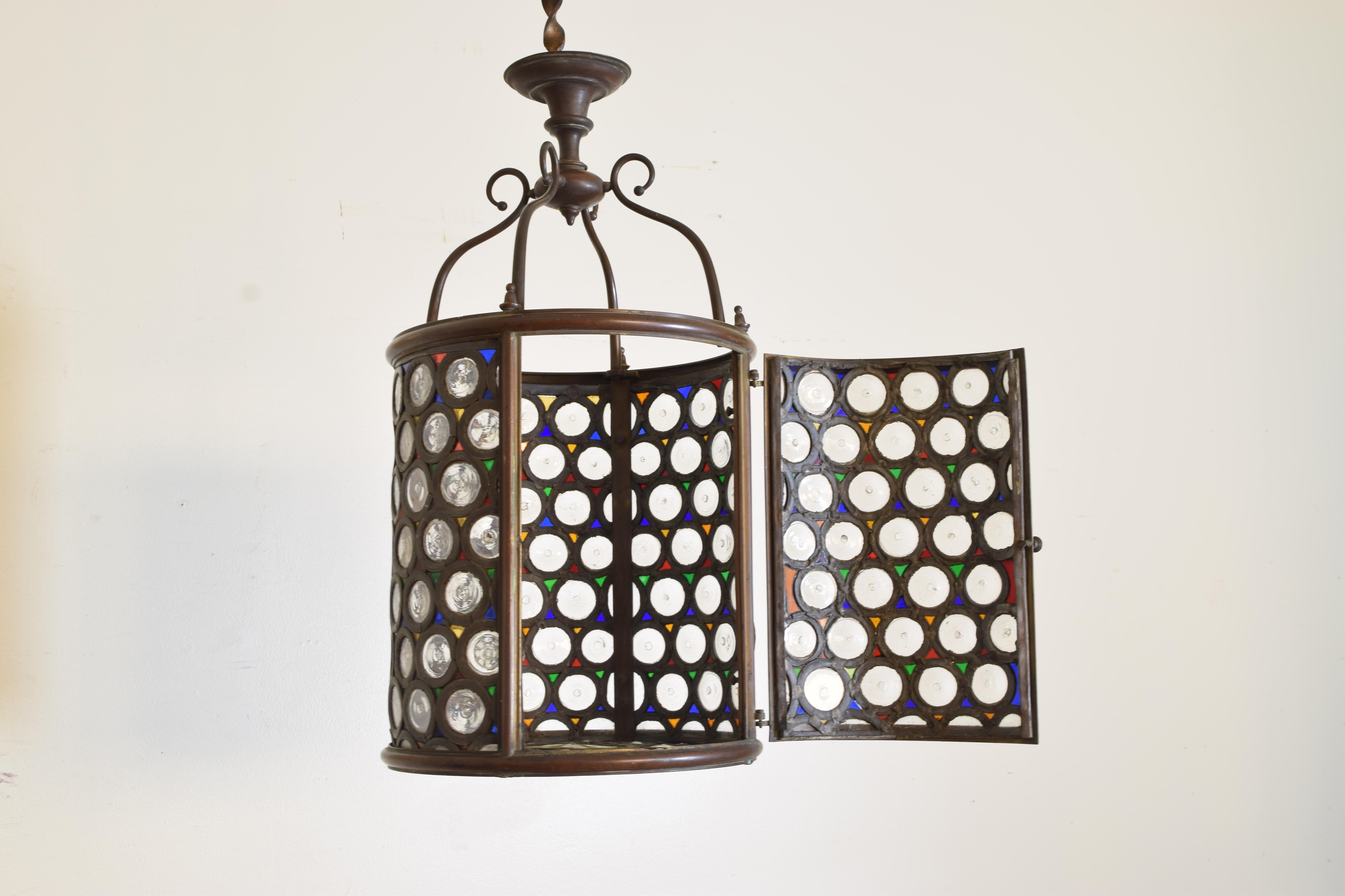 Italian Baroque Revival Period Patinated Brass & Colored & Leaded Glass Lantern 1
