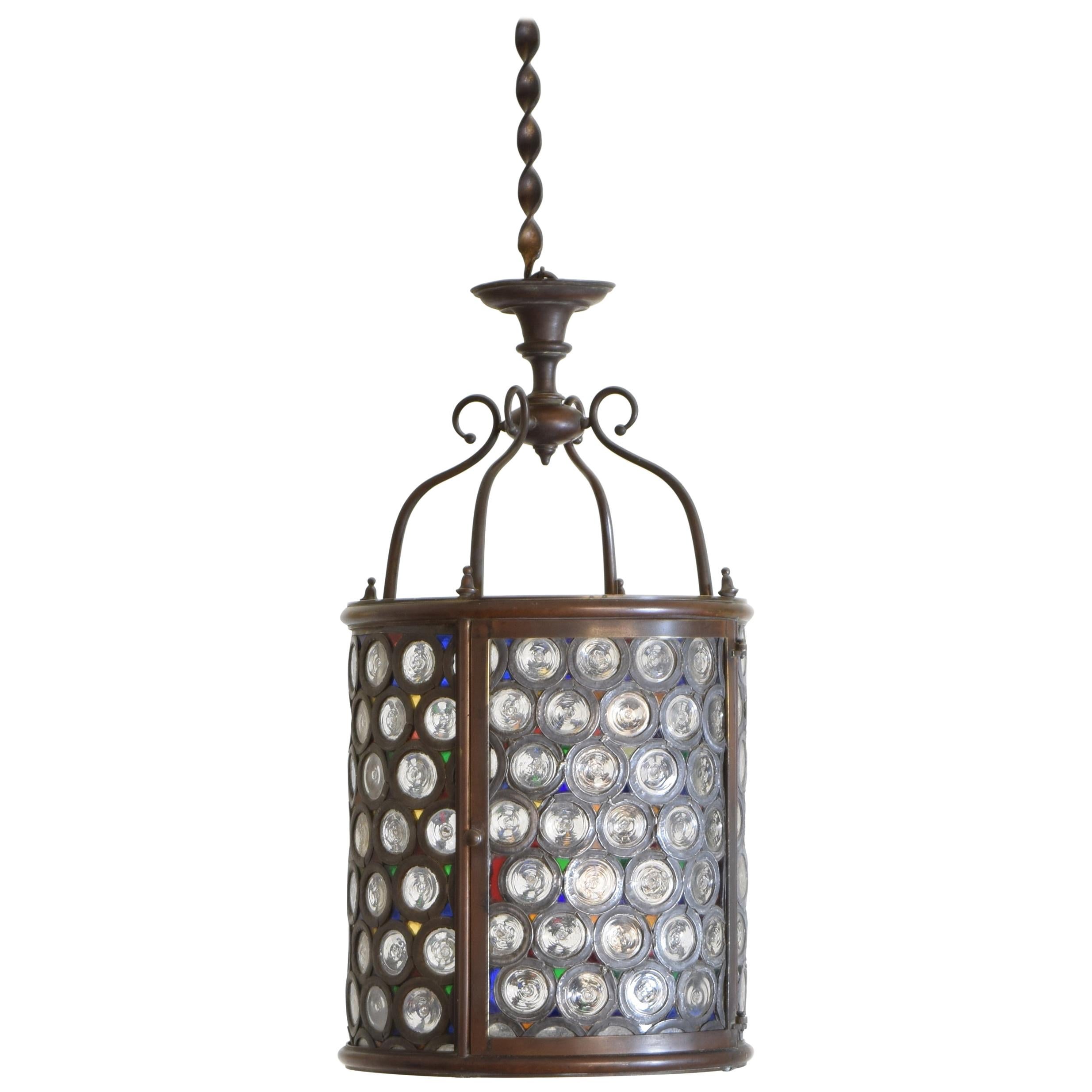 Italian Baroque Revival Period Patinated Brass & Colored & Leaded Glass Lantern