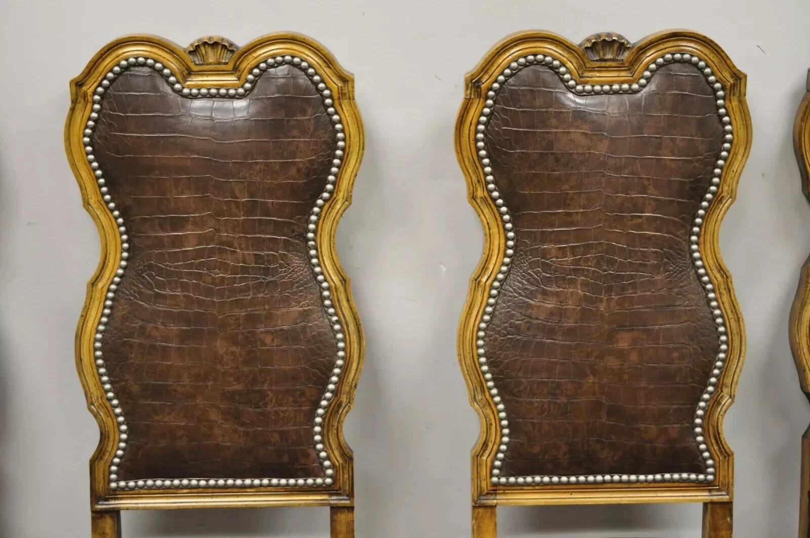 Italian Baroque Rococo Carved Wood Brown Reptile Print Dining Chairs - Set of 4 In Good Condition For Sale In Philadelphia, PA
