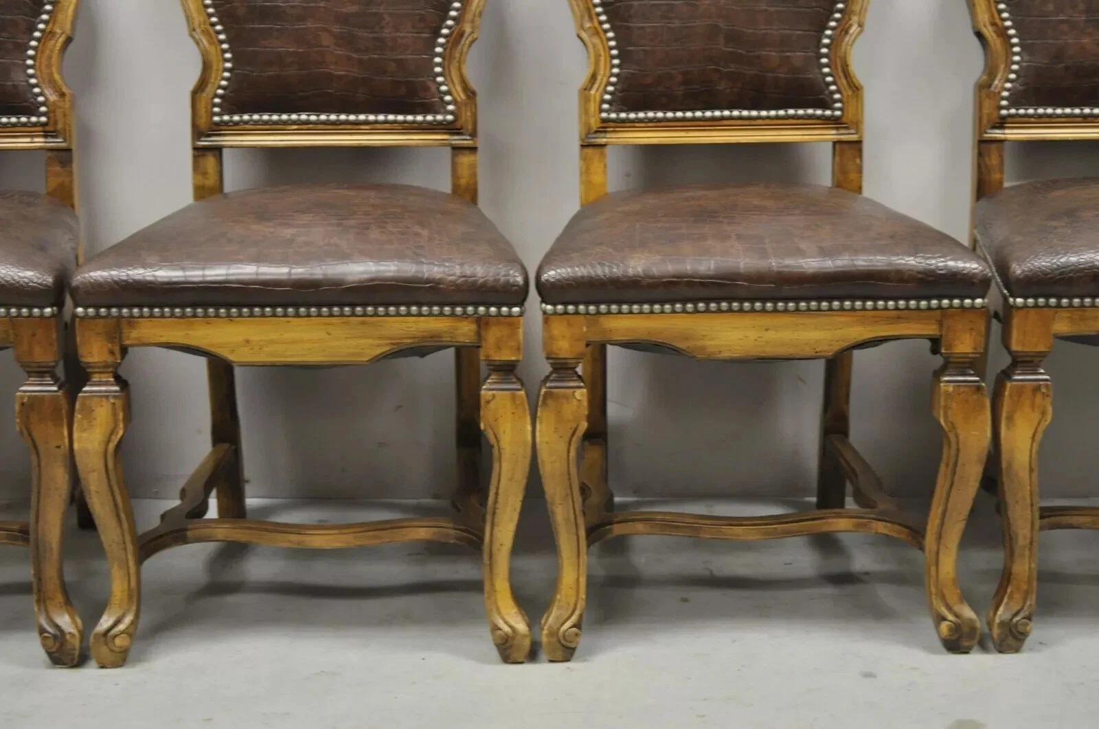 20th Century Italian Baroque Rococo Carved Wood Brown Reptile Print Dining Chairs - Set of 4 For Sale