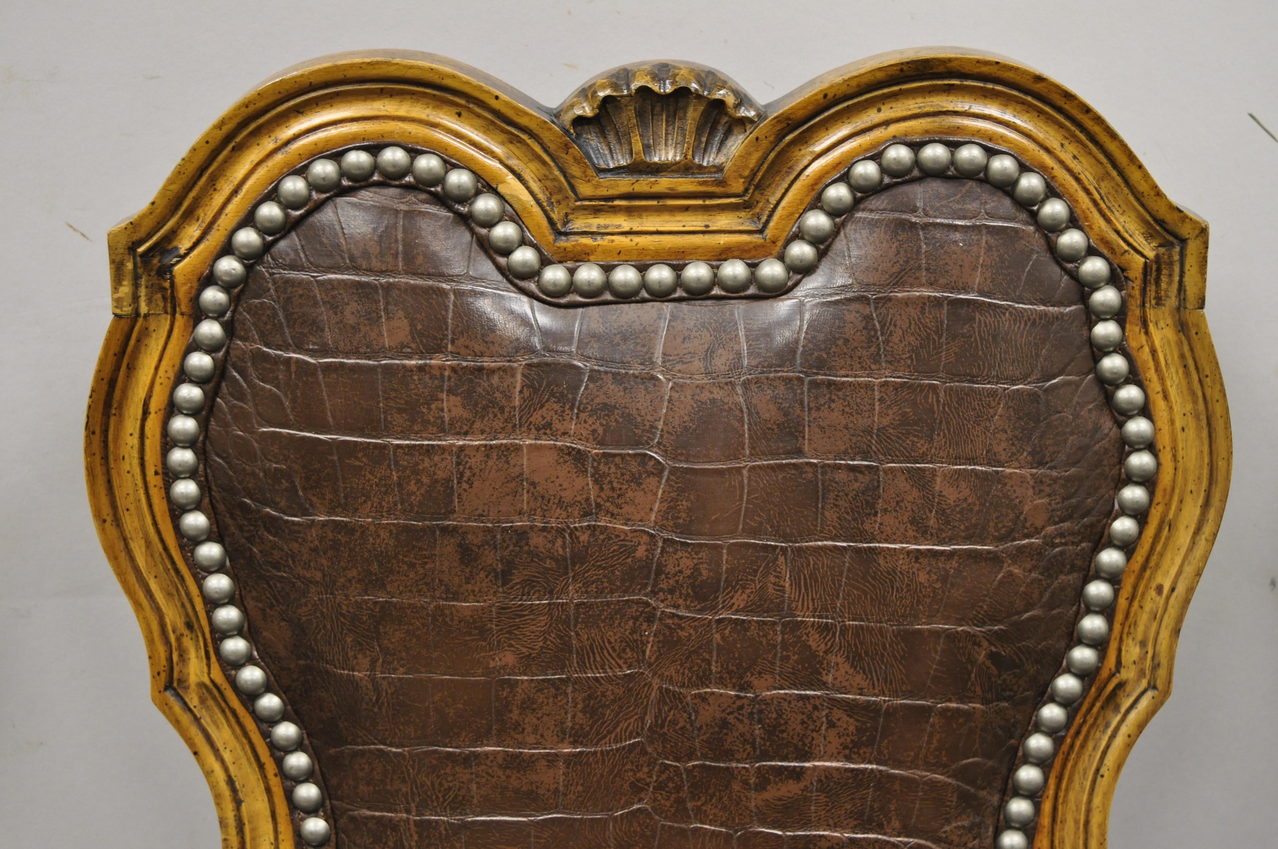 20th Century Italian Baroque Rococo Carved Wood Brown Reptile Print Dining Chairs, Set of 4