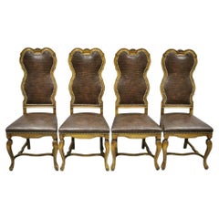 Sedie da pranzo italiane barocche rococò in legno intagliato con stampa rettile marrone - Set di 4