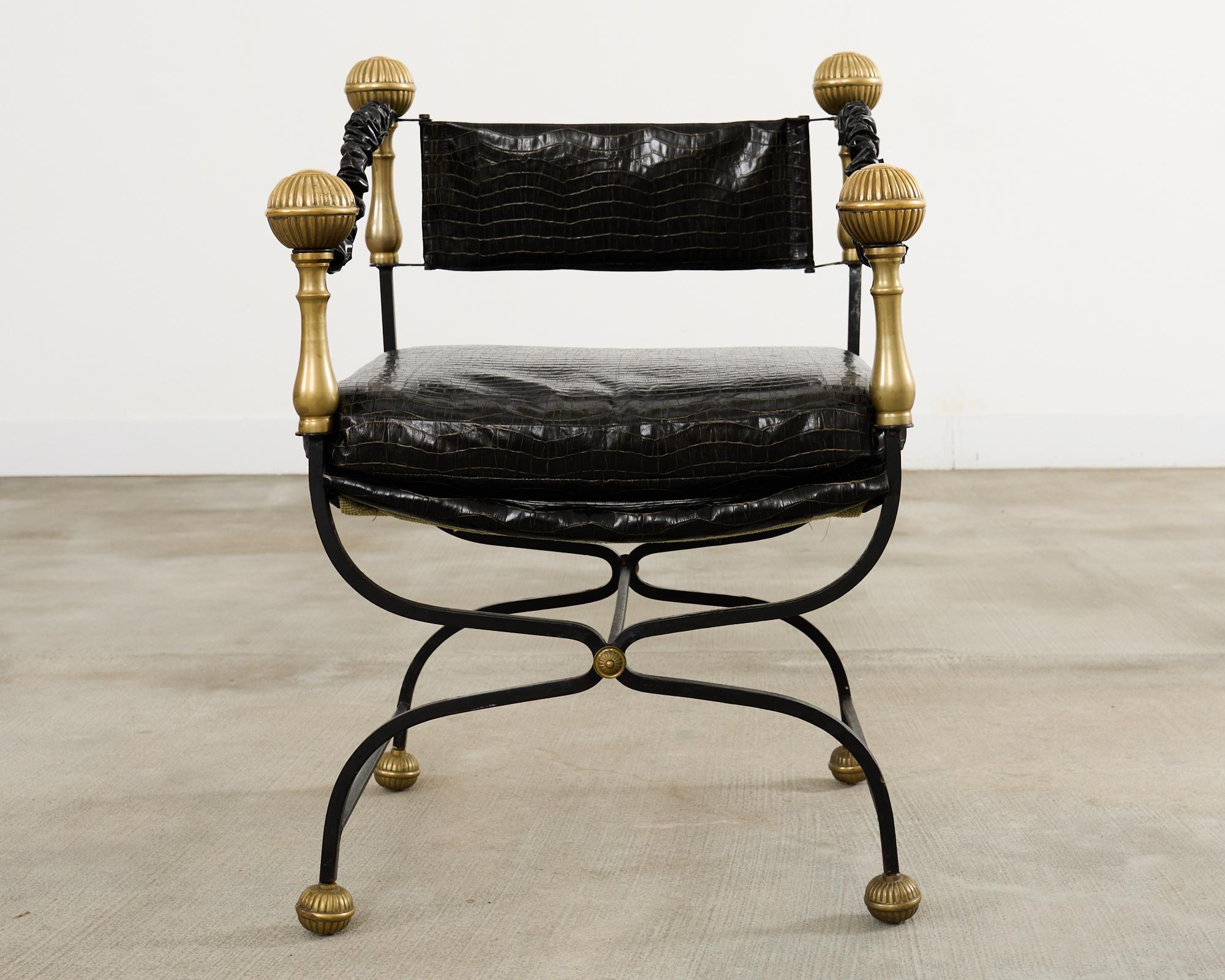Hand-Crafted Italian Baroque Savonarola Chair with Bronze Mace Finials For Sale