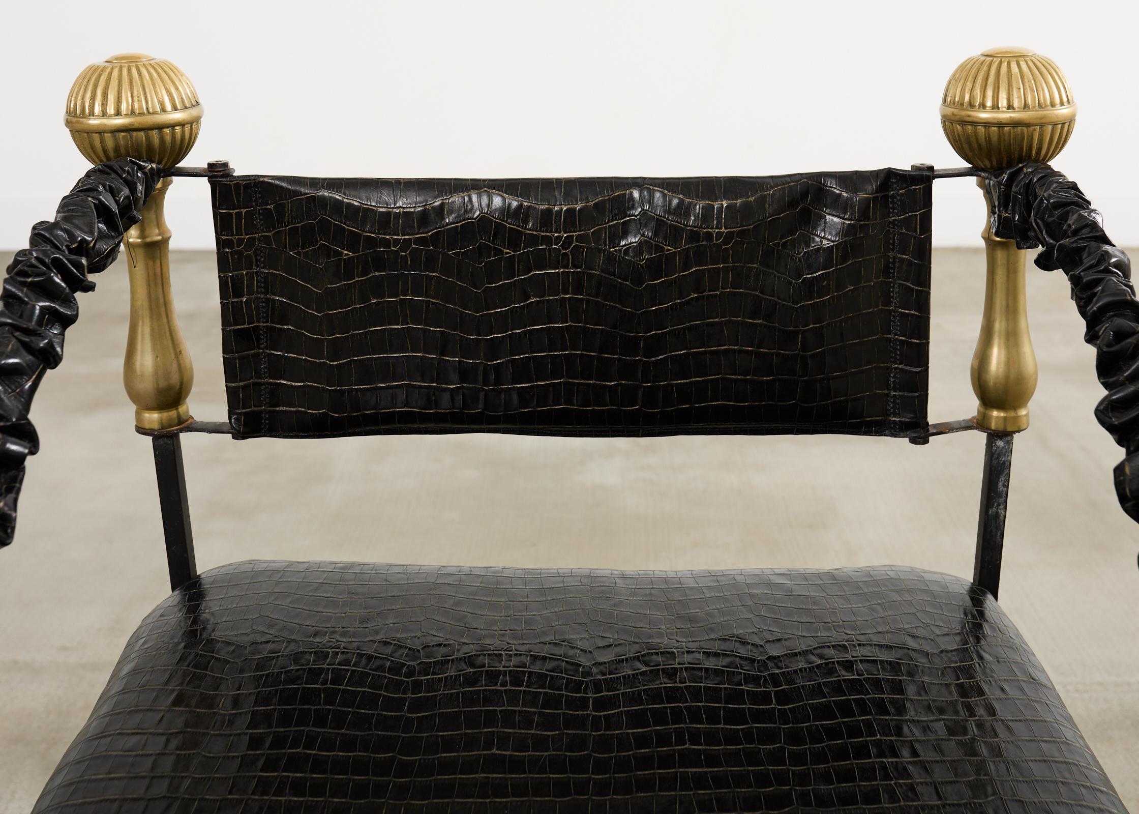 Brass Italian Baroque Savonarola Chair with Bronze Mace Finials For Sale
