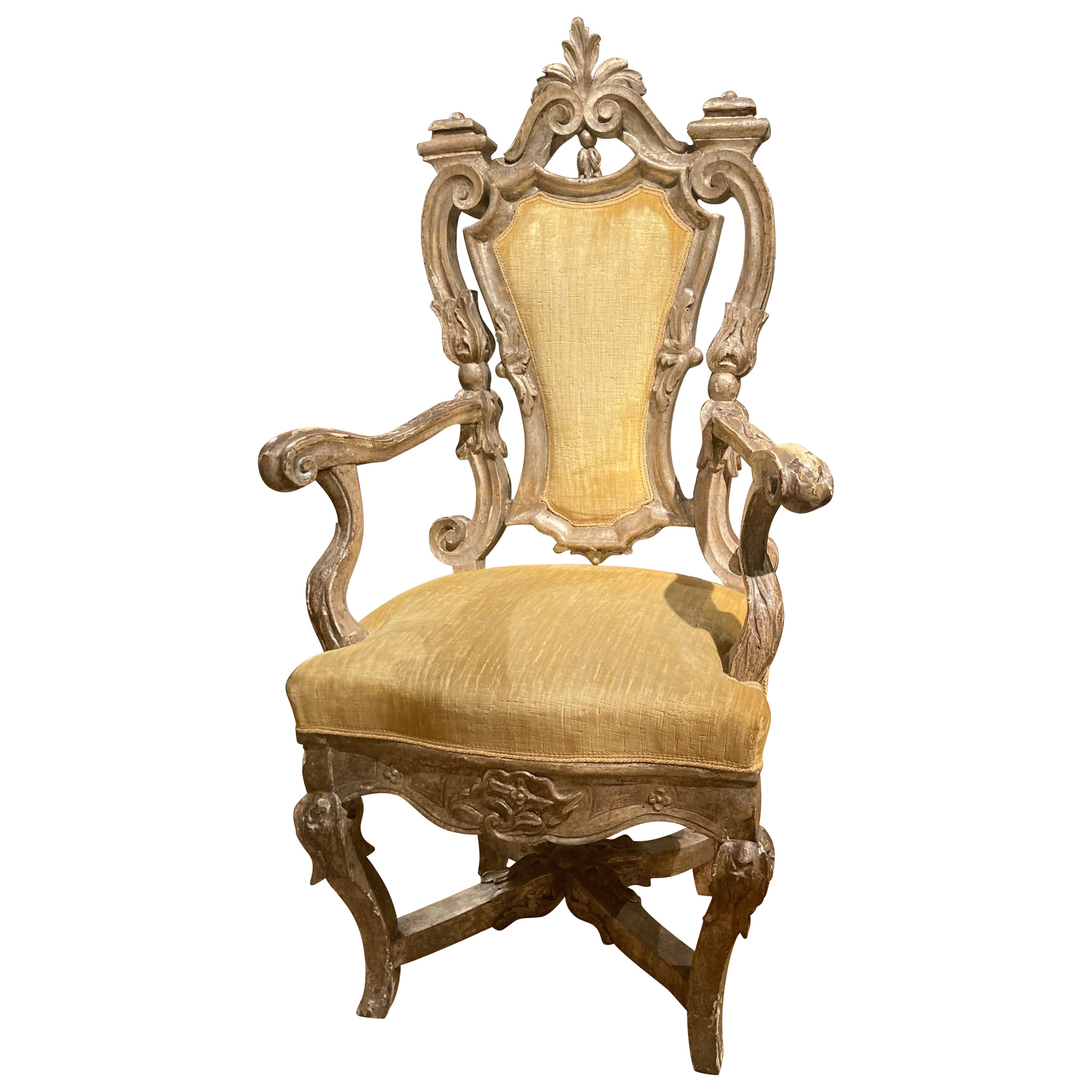 Fauteuil trône baroque italien Mecca en bois doré argenté, Rome 17ème siècle