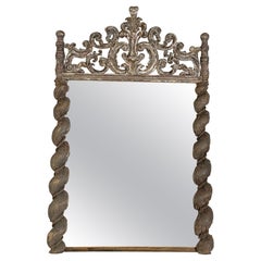 Italian Baroque Silvered Wall Mirror, 19th Century, Hand-Carved Wood