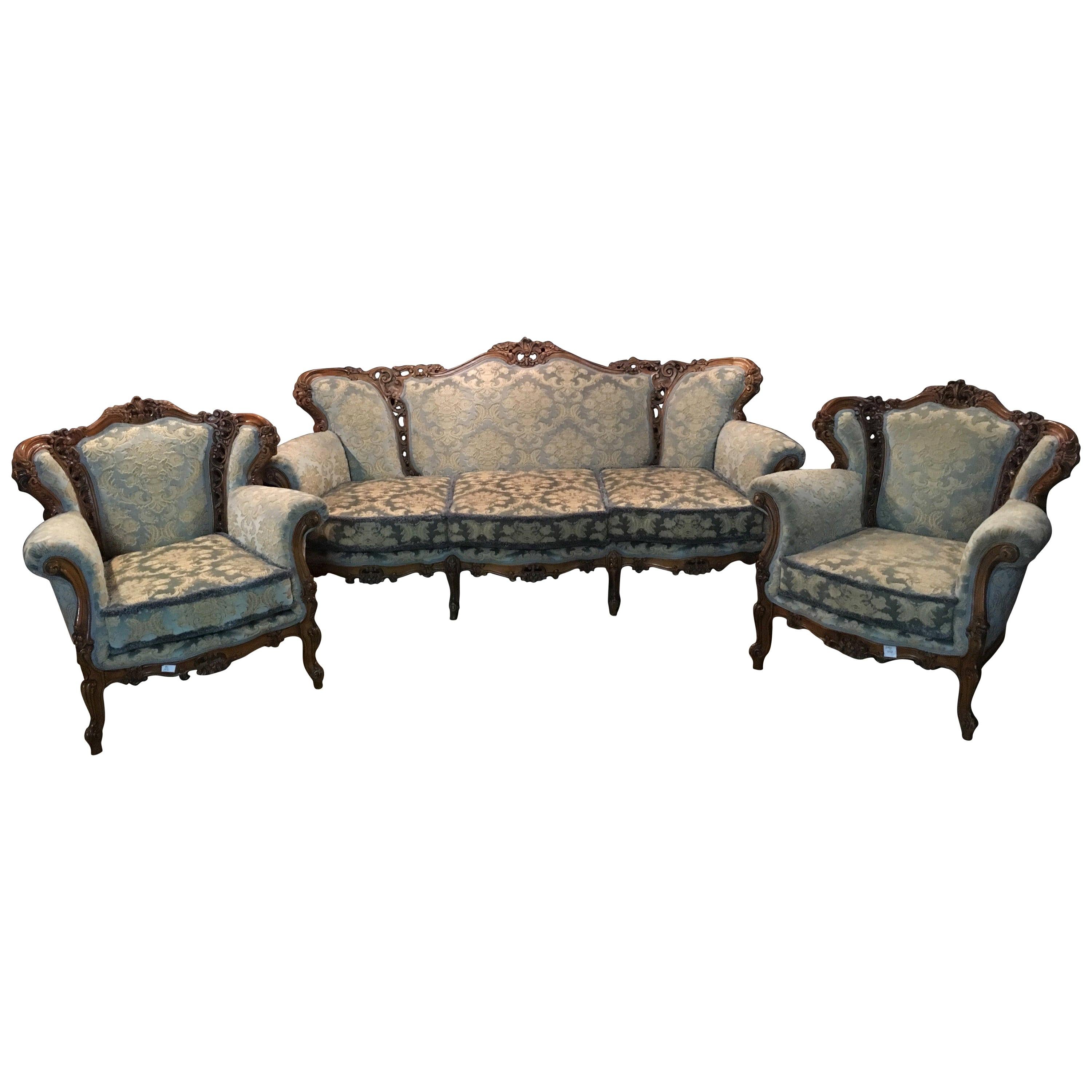 Italian Baroque Sofa Set of 2 Armchairs Walnut Carved