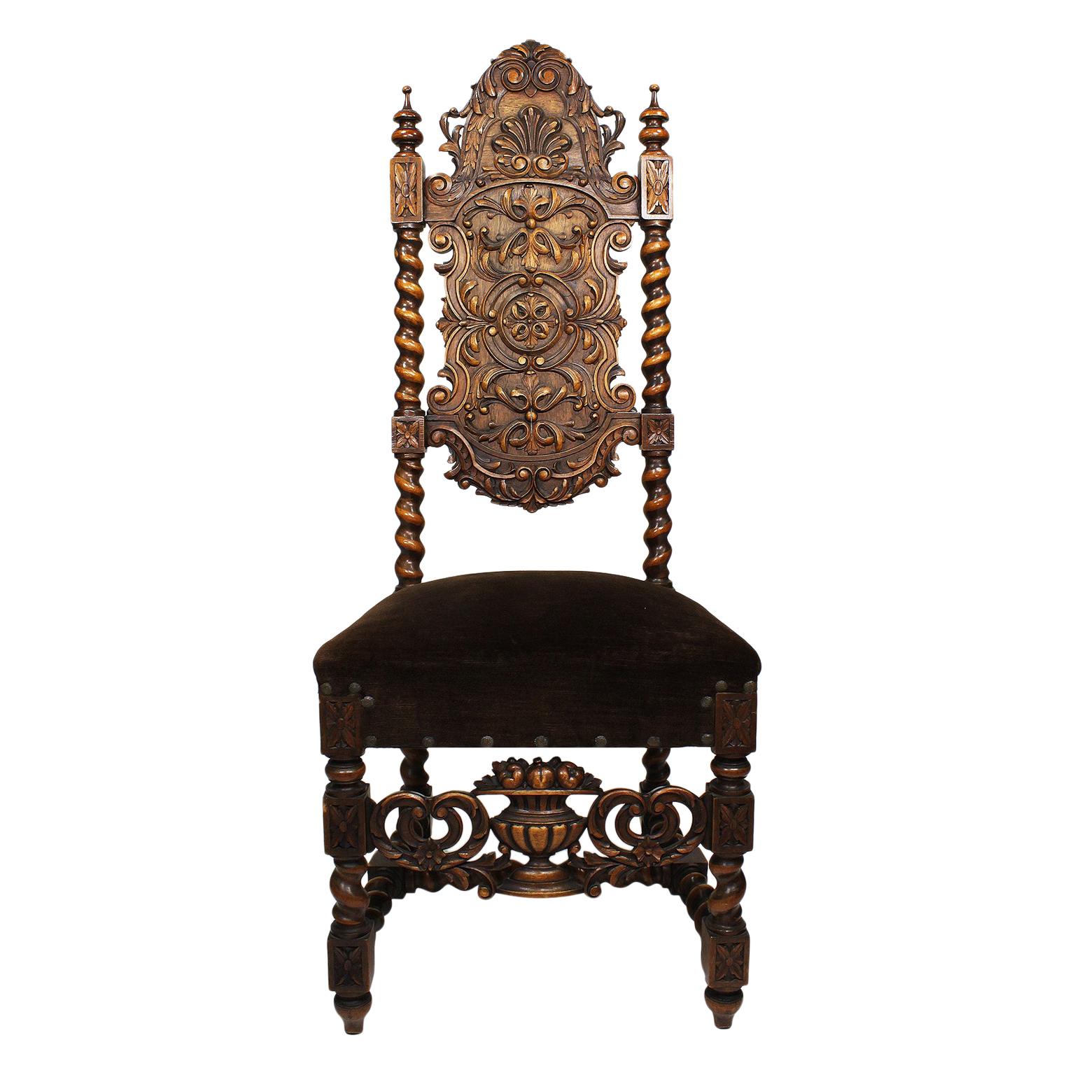 Italian Baroque Solomonic Style Walnut Carved Side Chair