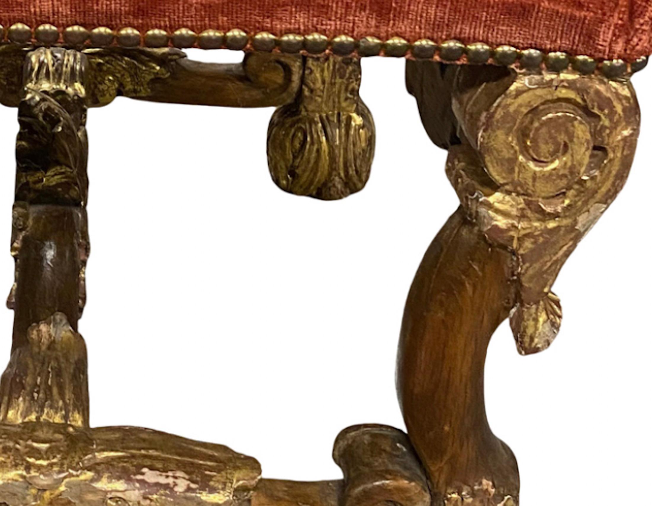19th Century Italian Baroque Stool with Velvet Upholstery For Sale