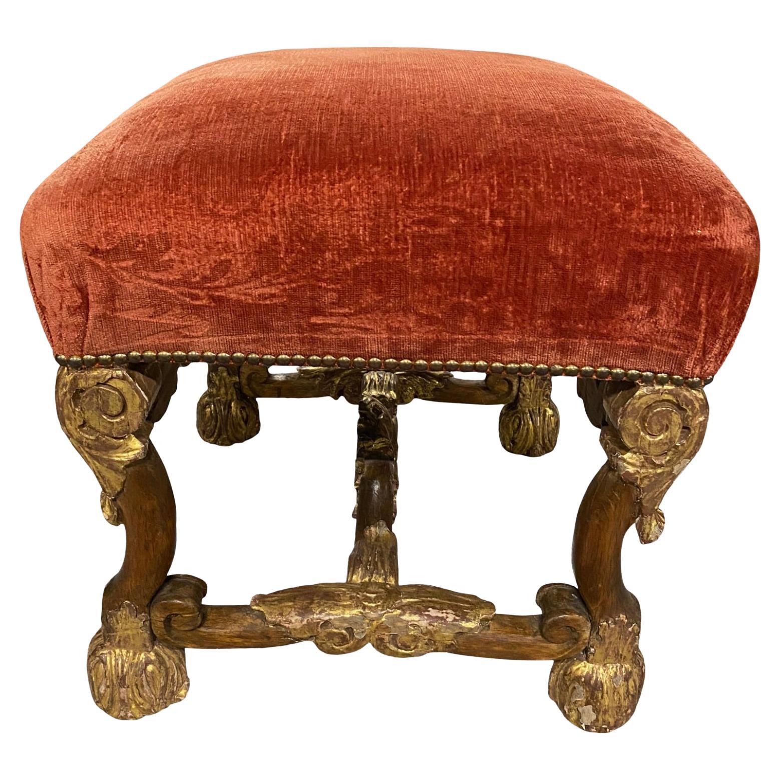 Italian Baroque Stool with Velvet Upholstery For Sale