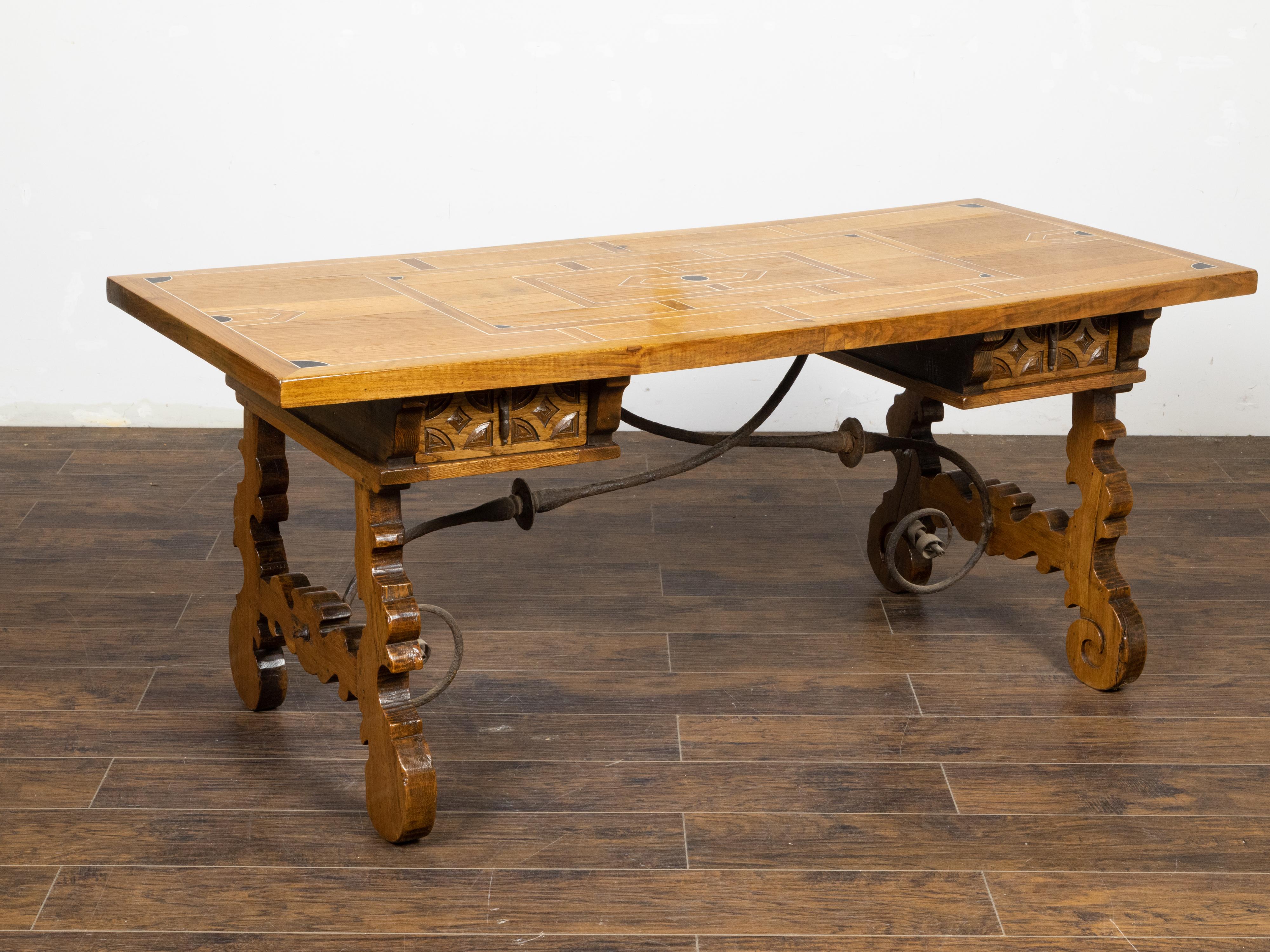 Italian Baroque Style 1880s Walnut Desk with Inlaid Top and Carved Lyre Base In Good Condition For Sale In Atlanta, GA