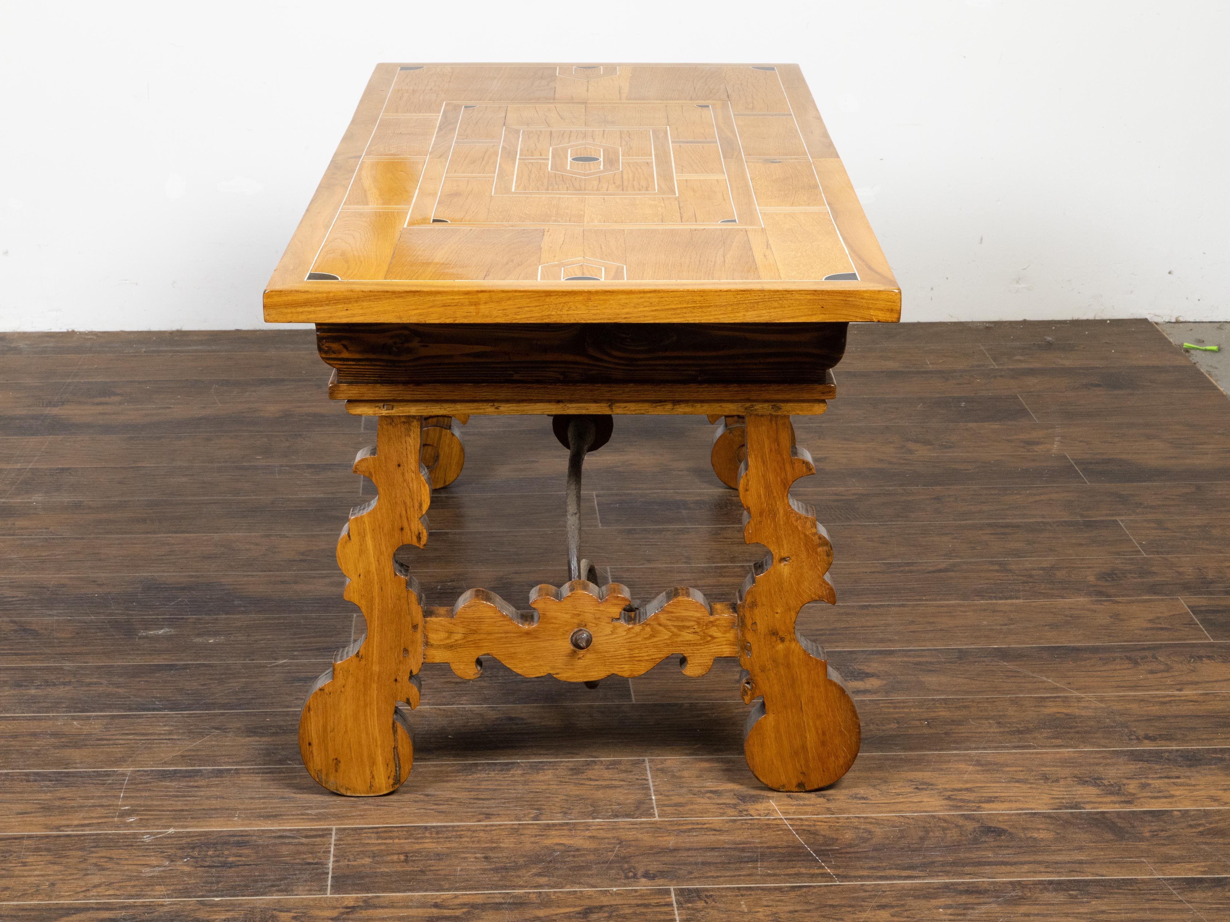 19th Century Italian Baroque Style 1880s Walnut Desk with Inlaid Top and Carved Lyre Base For Sale