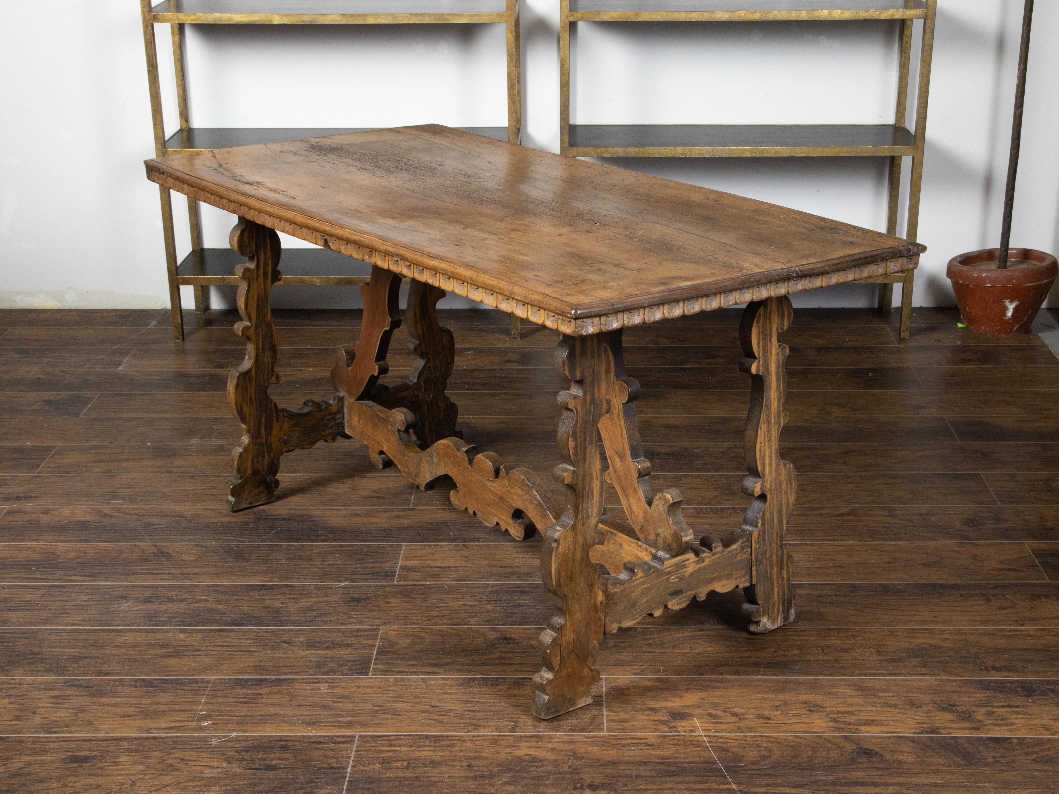 Italian Baroque Style 19th Century Walnut Table with Carved Trestle Base In Good Condition For Sale In Atlanta, GA