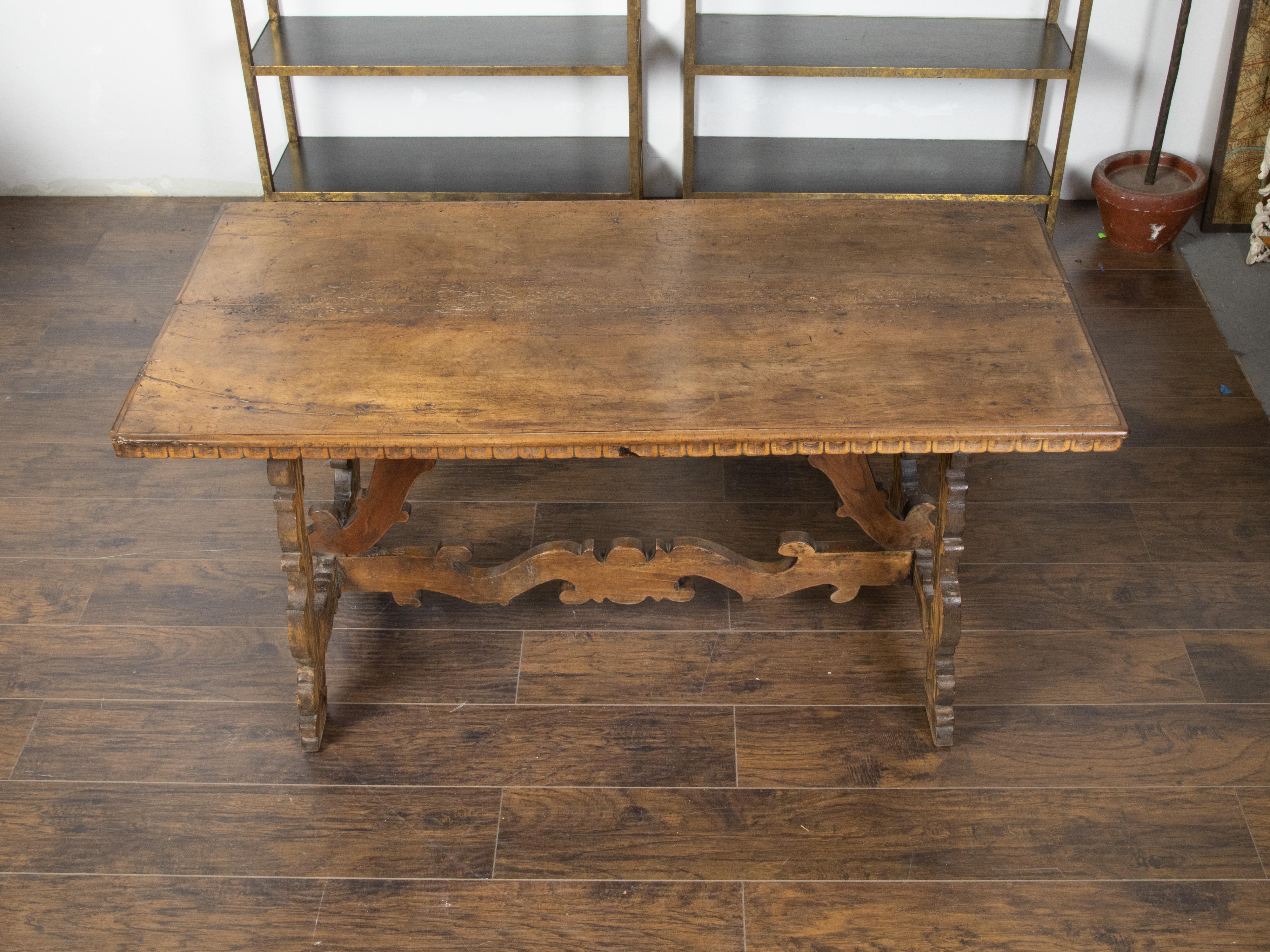 Italian Baroque Style 19th Century Walnut Table with Carved Trestle Base For Sale 2