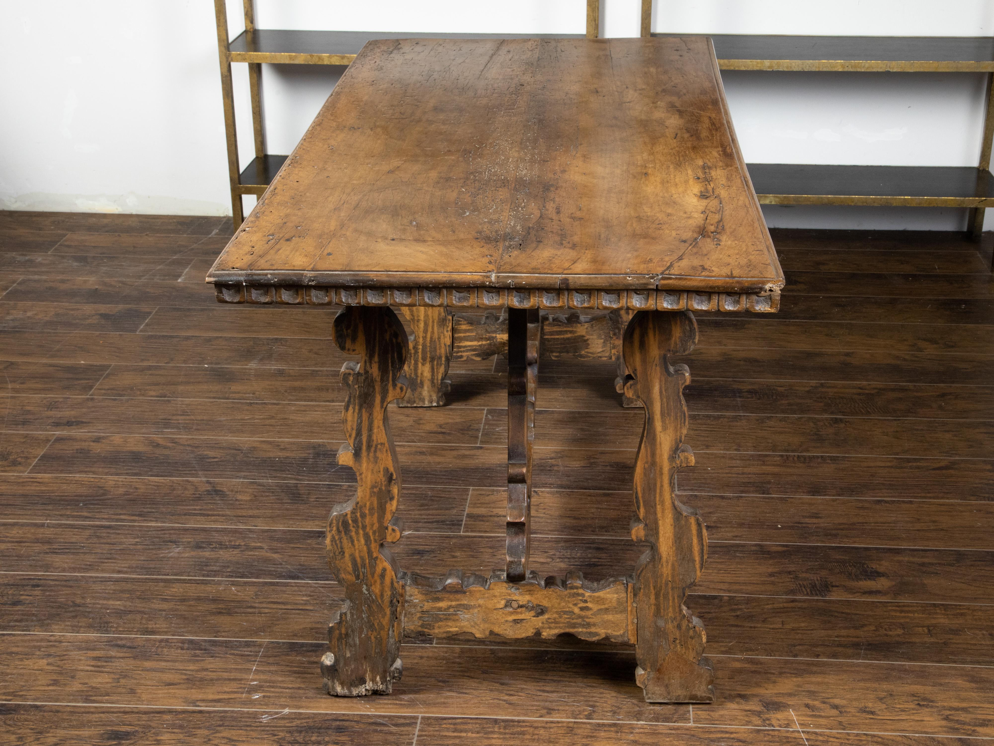 Italian Baroque Style 19th Century Walnut Table with Carved Trestle Base For Sale 4