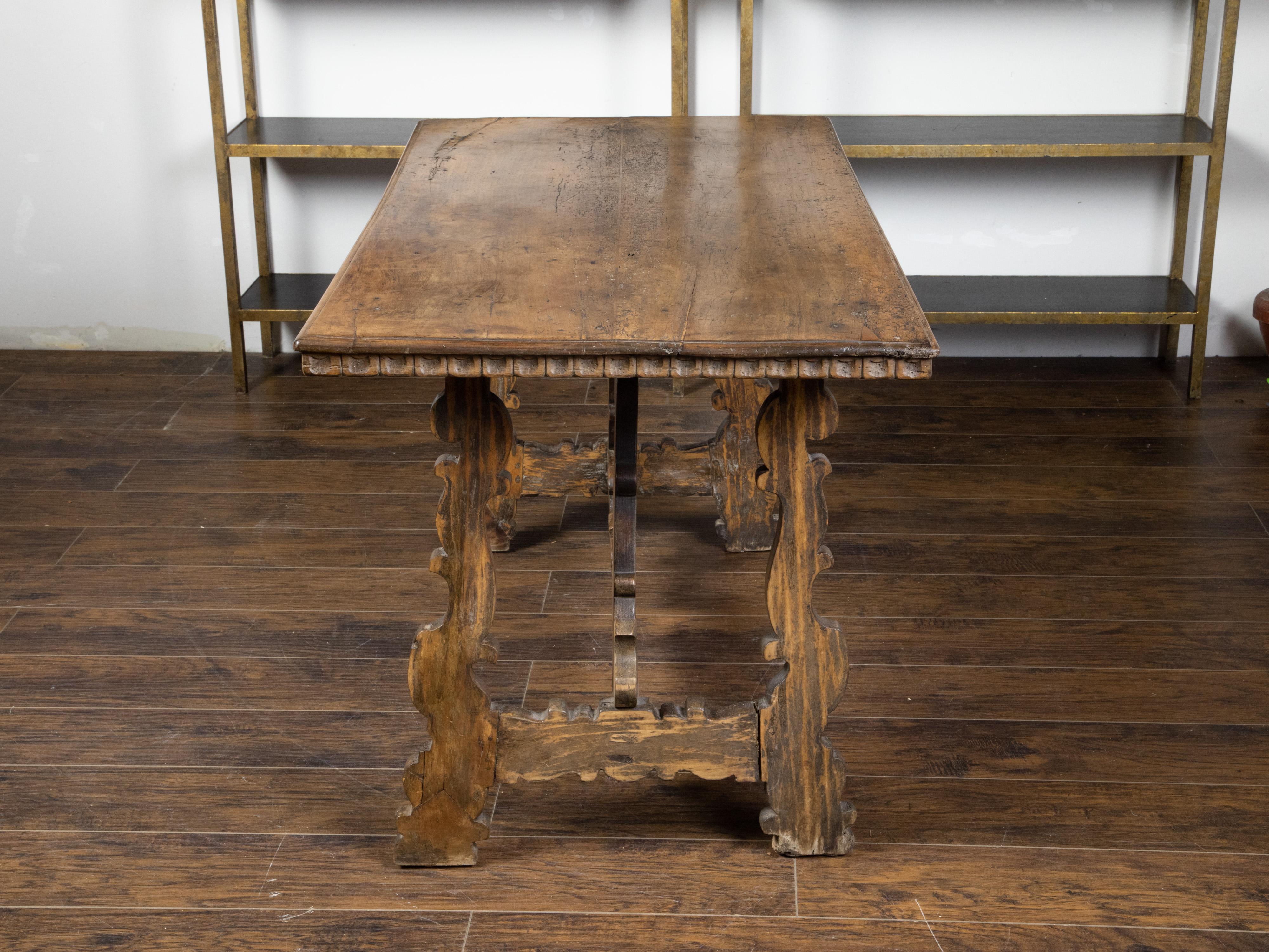 Italian Baroque Style 19th Century Walnut Table with Carved Trestle Base For Sale 6