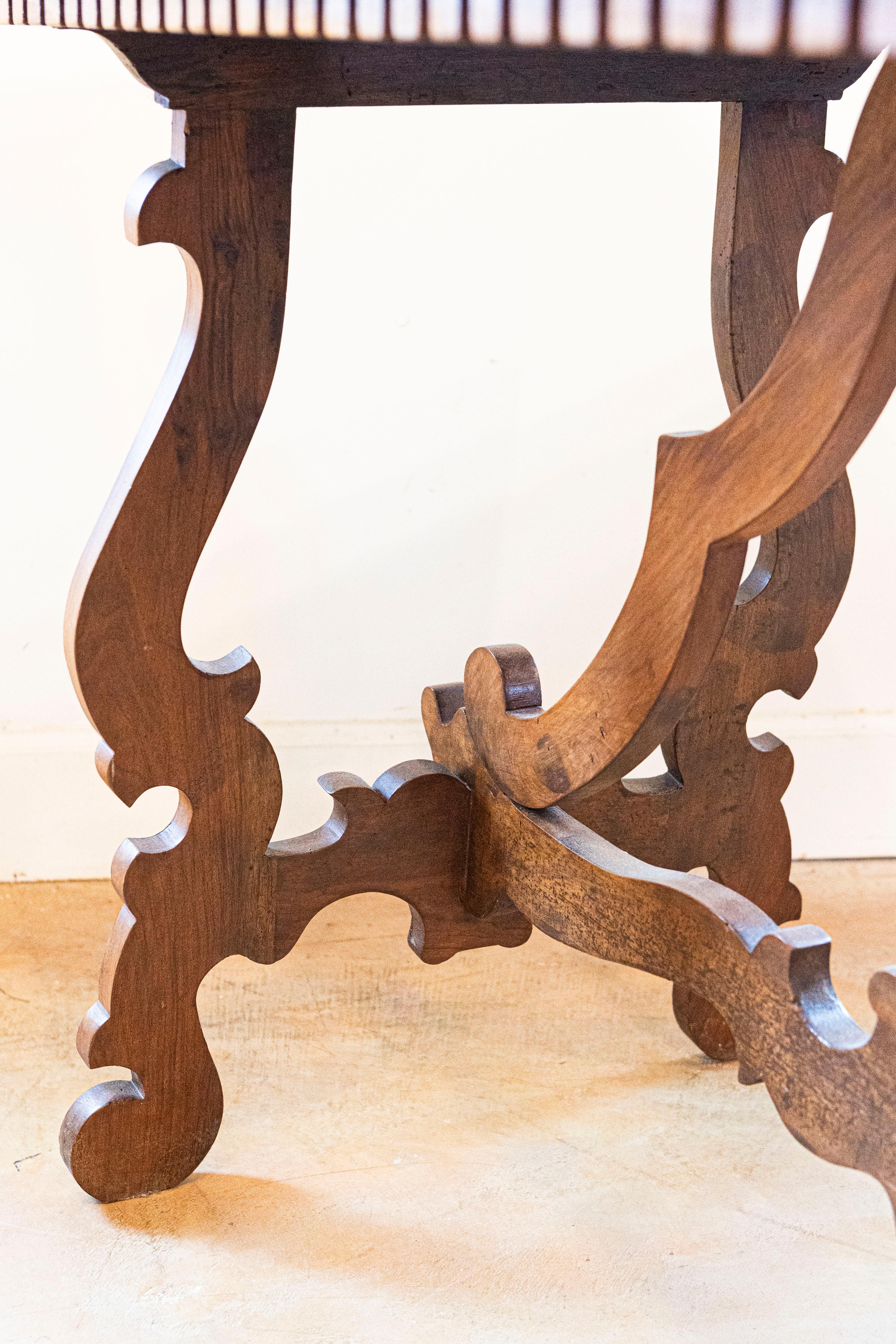 Italian Baroque Style 20th Century Walnut Fratino Table with Lyre Shaped Base For Sale 1