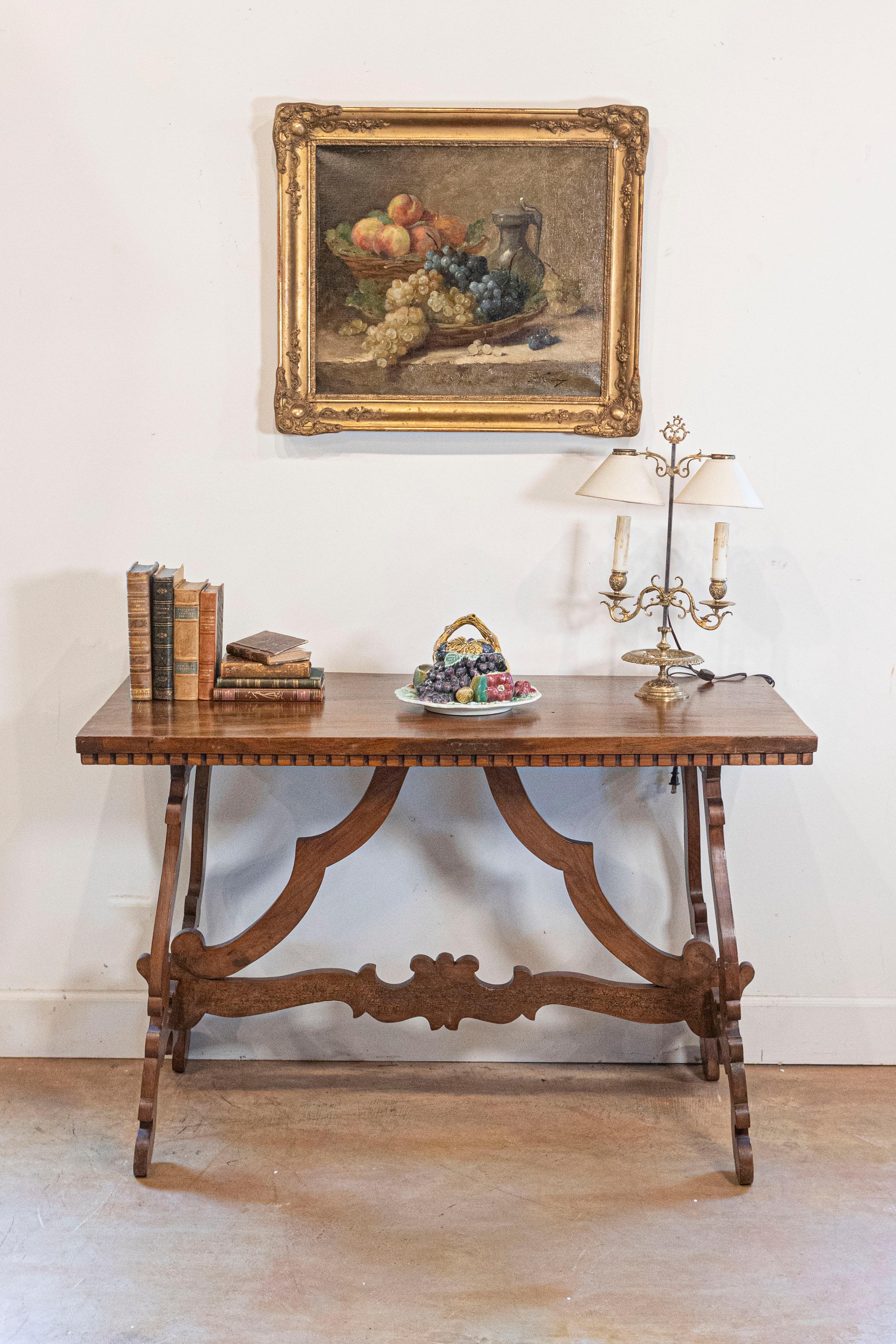 Italian Baroque Style 20th Century Walnut Fratino Table with Lyre Shaped Base For Sale 3
