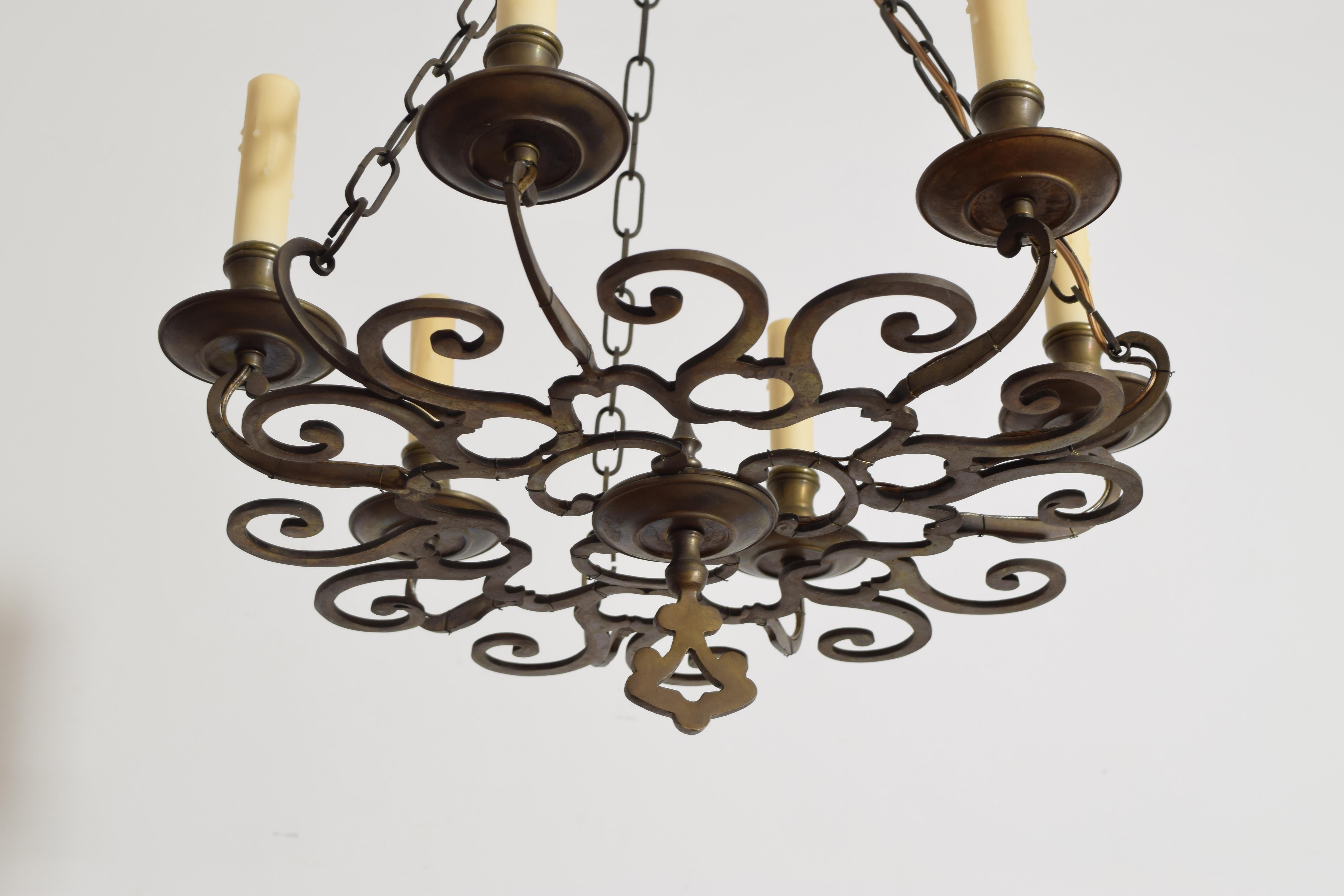 Lampadario a 6 luci in bronzo fuso e patinato in stile barocco italiano, 1850 ca. in vendita 3