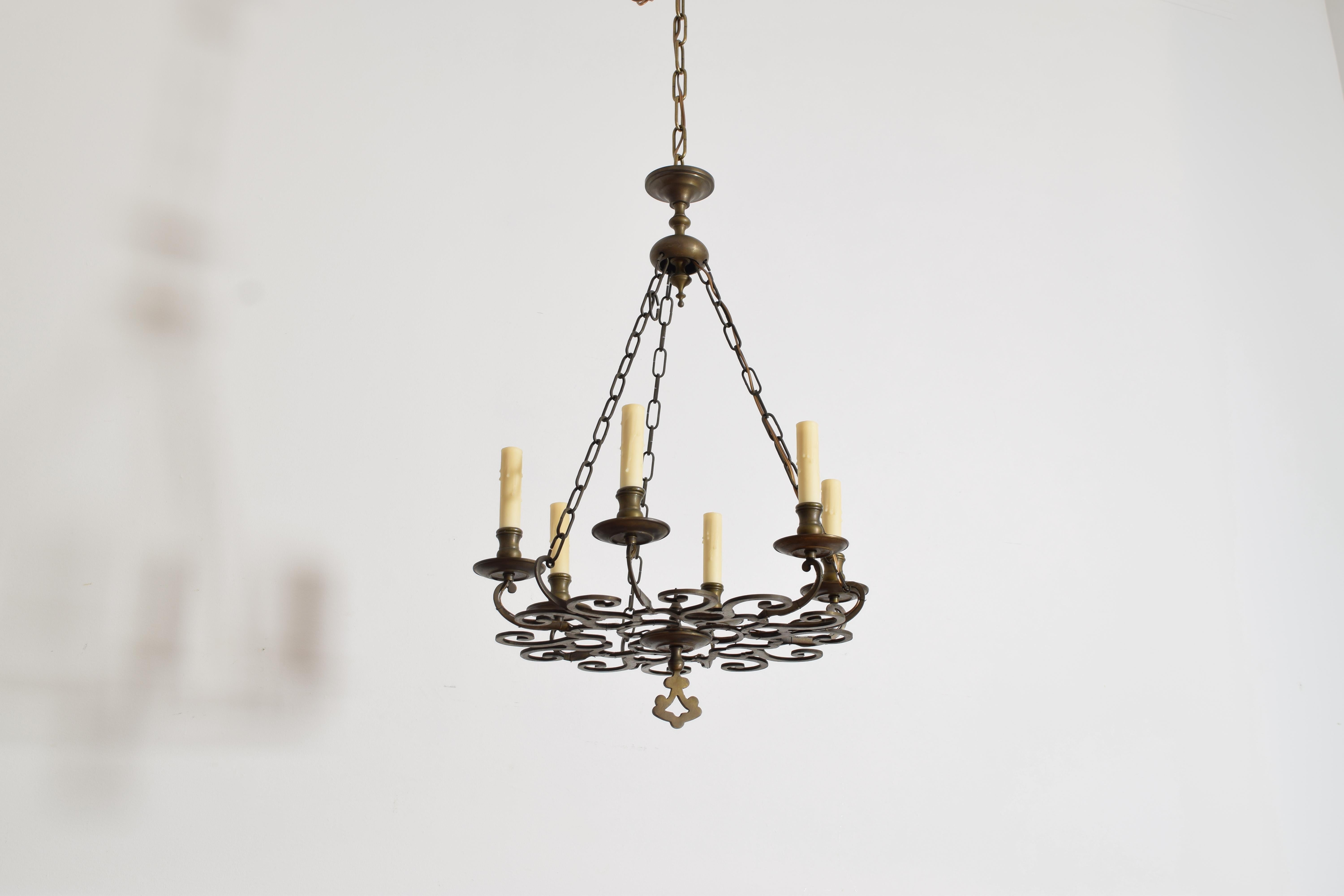 Barocco Lampadario a 6 luci in bronzo fuso e patinato in stile barocco italiano, 1850 ca. in vendita