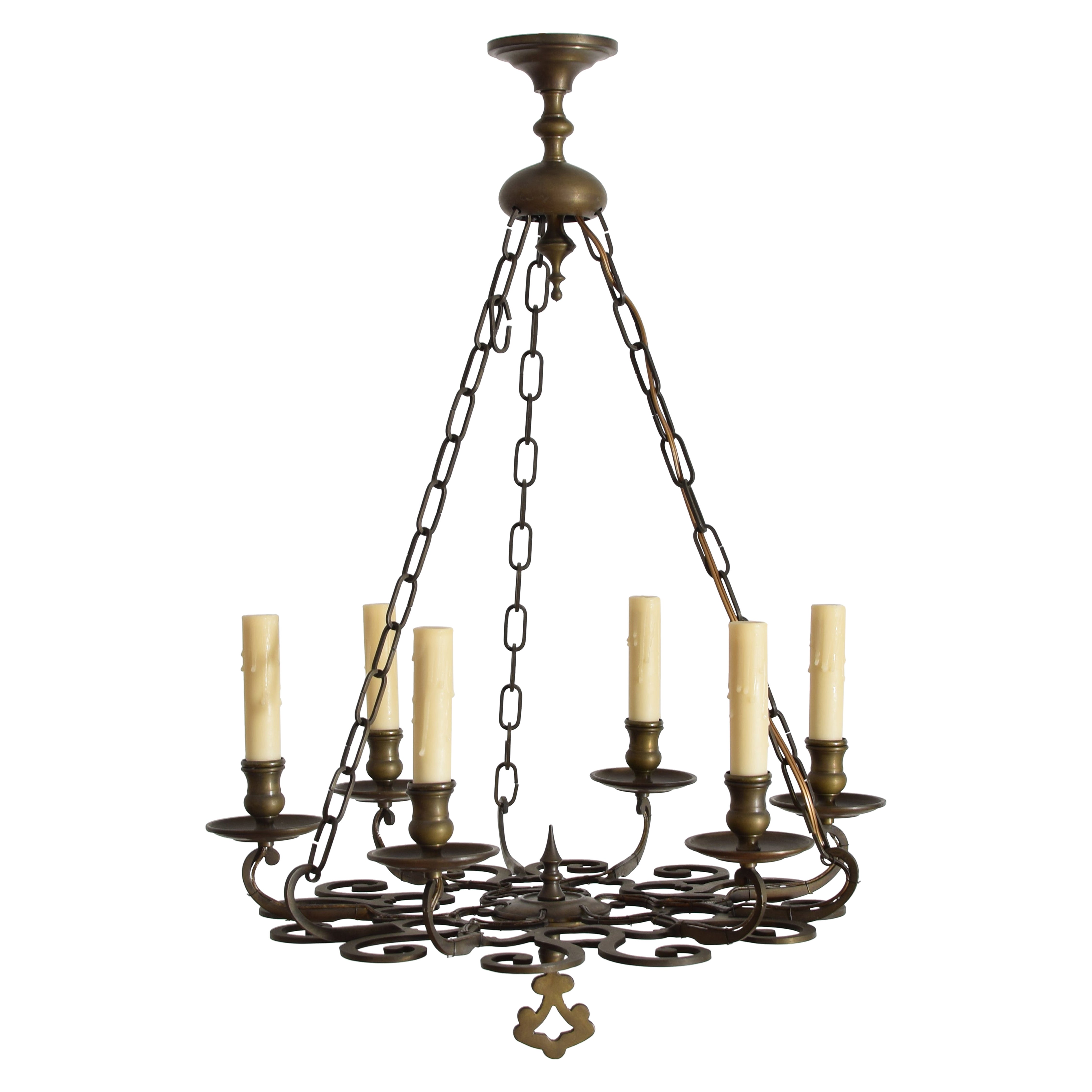 Lampadario a 6 luci in bronzo fuso e patinato in stile barocco italiano, 1850 ca. in vendita