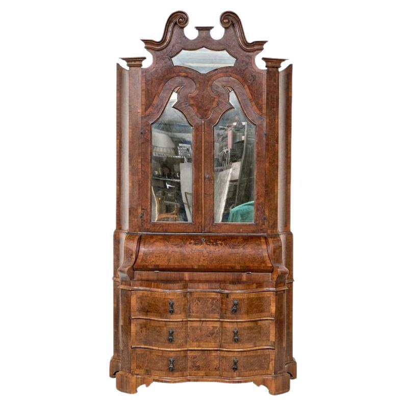 Italian Baroque Style Burl Walnut Secretary Desk Cabinet For Sale