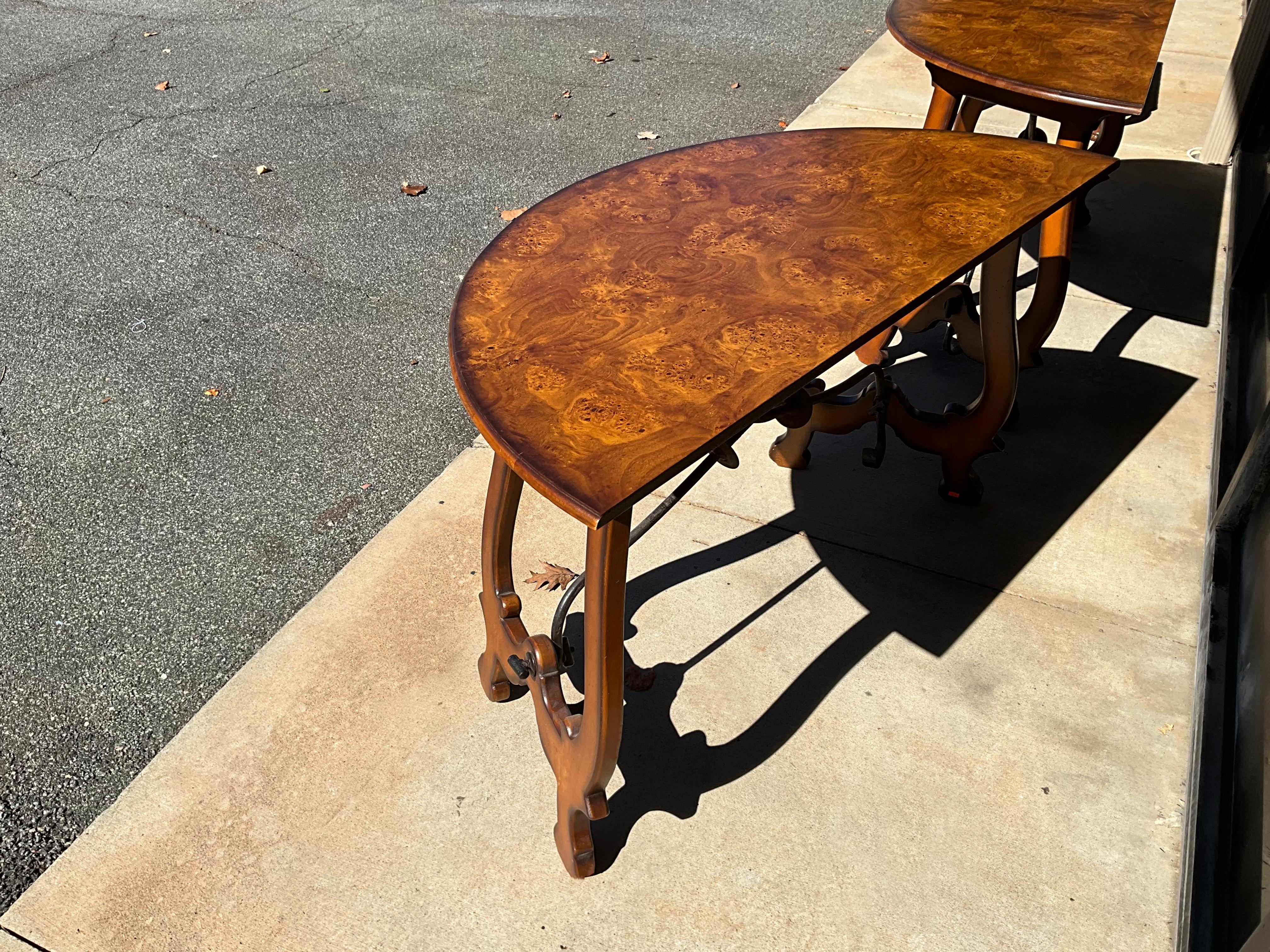 Italian Baroque Style Burl Walnut W/ Iron Stretcher Console Tables - Pair In Good Condition For Sale In Kennesaw, GA