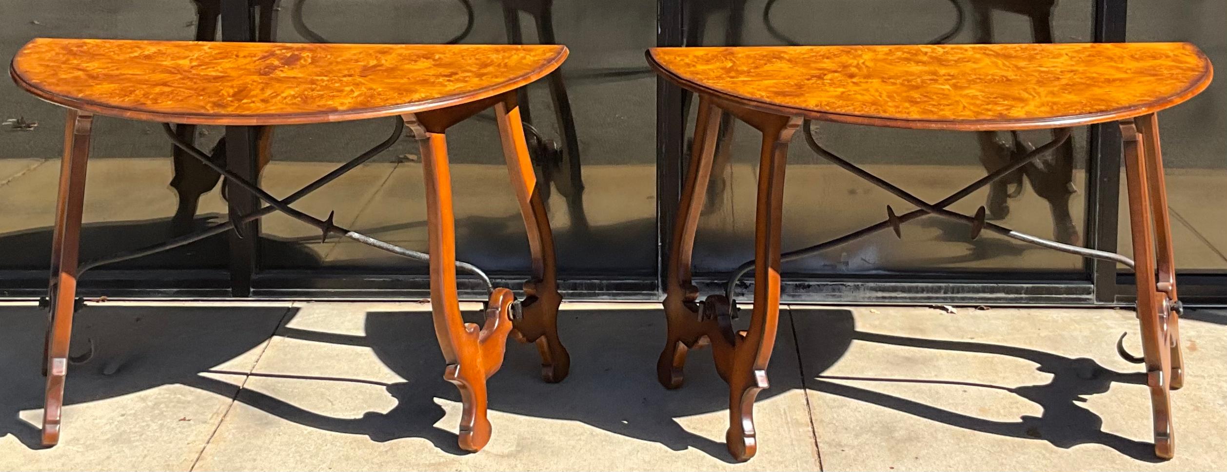 Late 20th Century Italian Baroque Style Burl Walnut W/ Iron Stretcher Console Tables - Pair For Sale