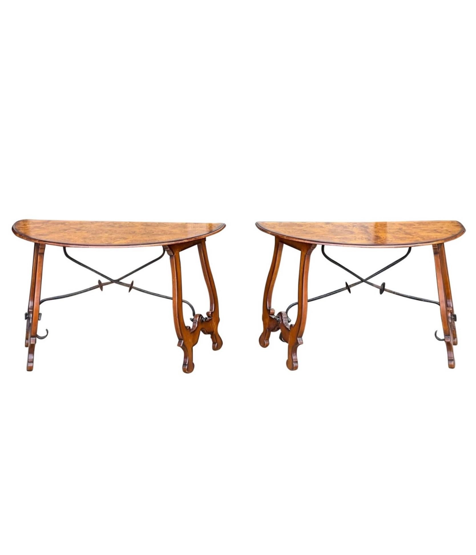 Italian Baroque Style Burl Walnut W/ Iron Stretcher Console Tables - Pair For Sale 4